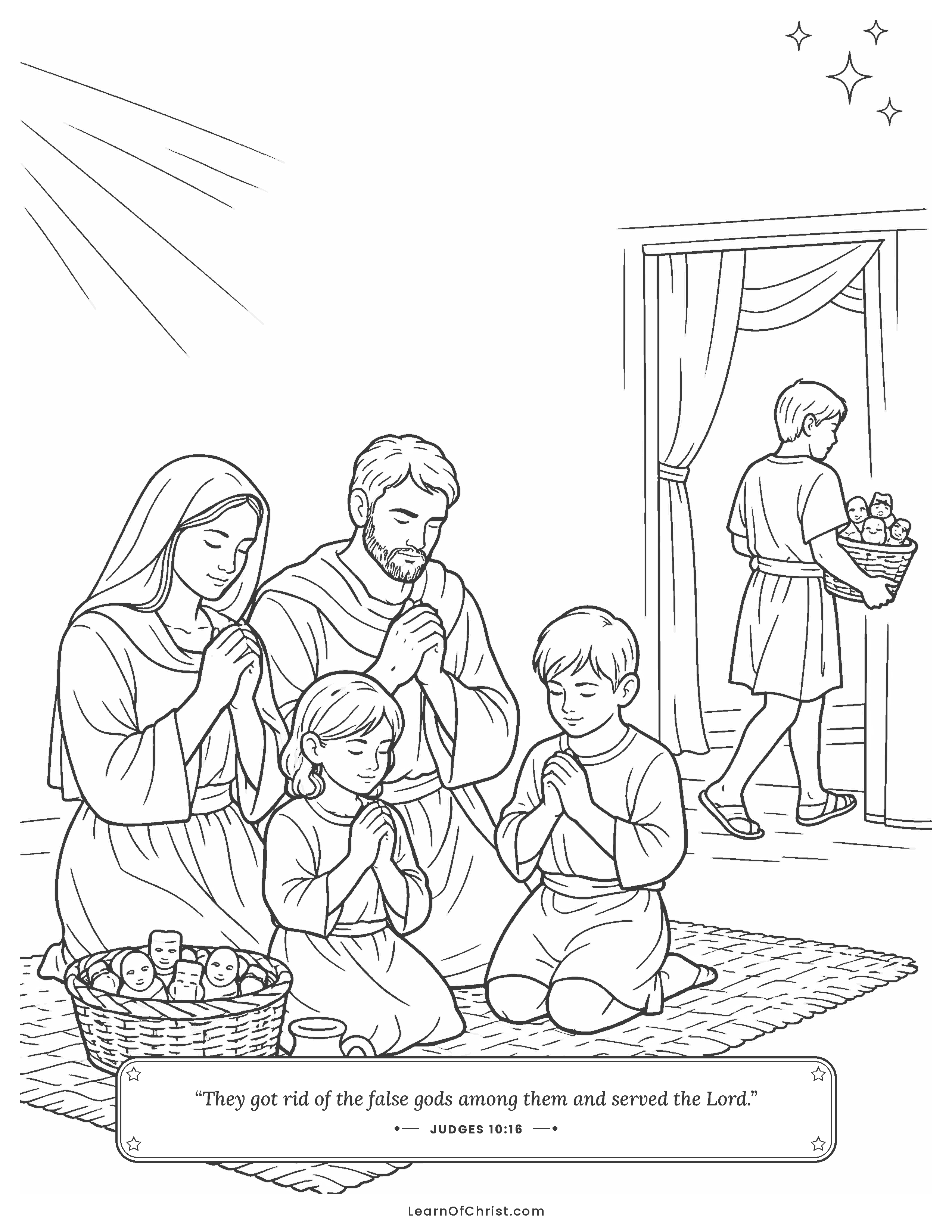 Judges 10 coloring page - A family puts away its idols to pray