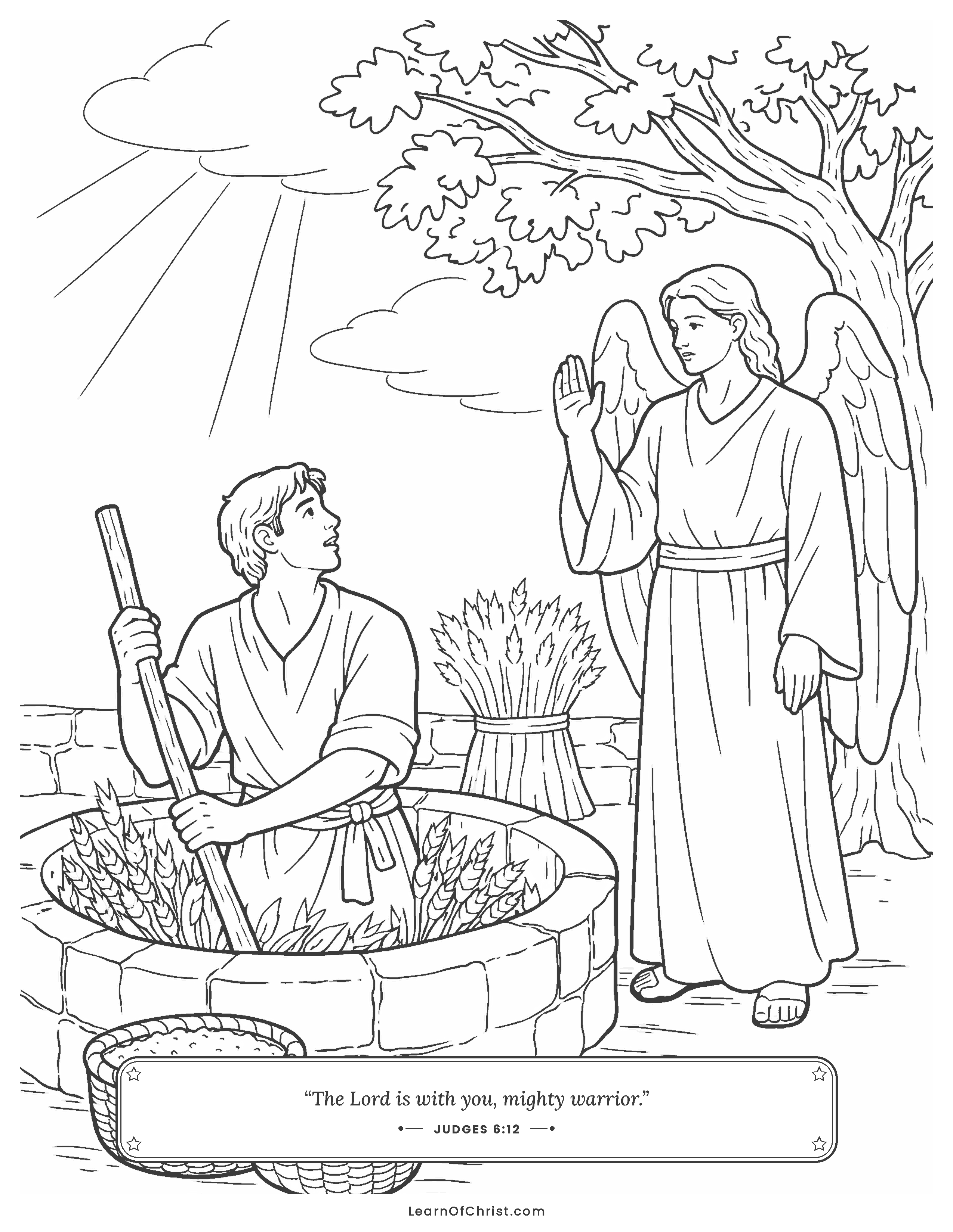 Judges 6 coloring page - An angel greets Gideon at the winepress