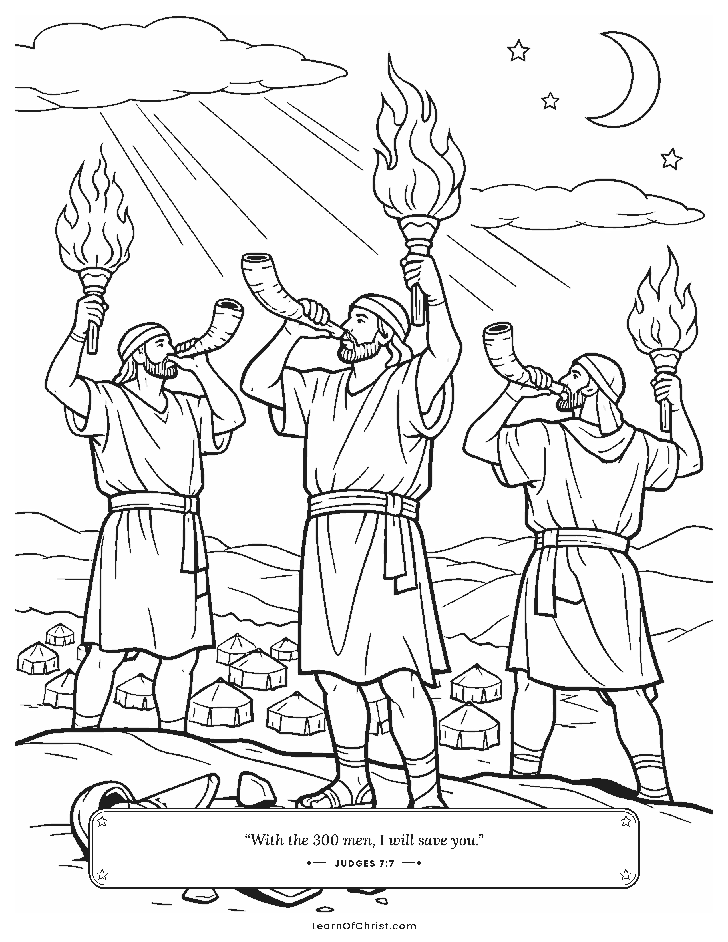 Judges 7 coloring page - Gideon's three hundred lift torches and trumpets
