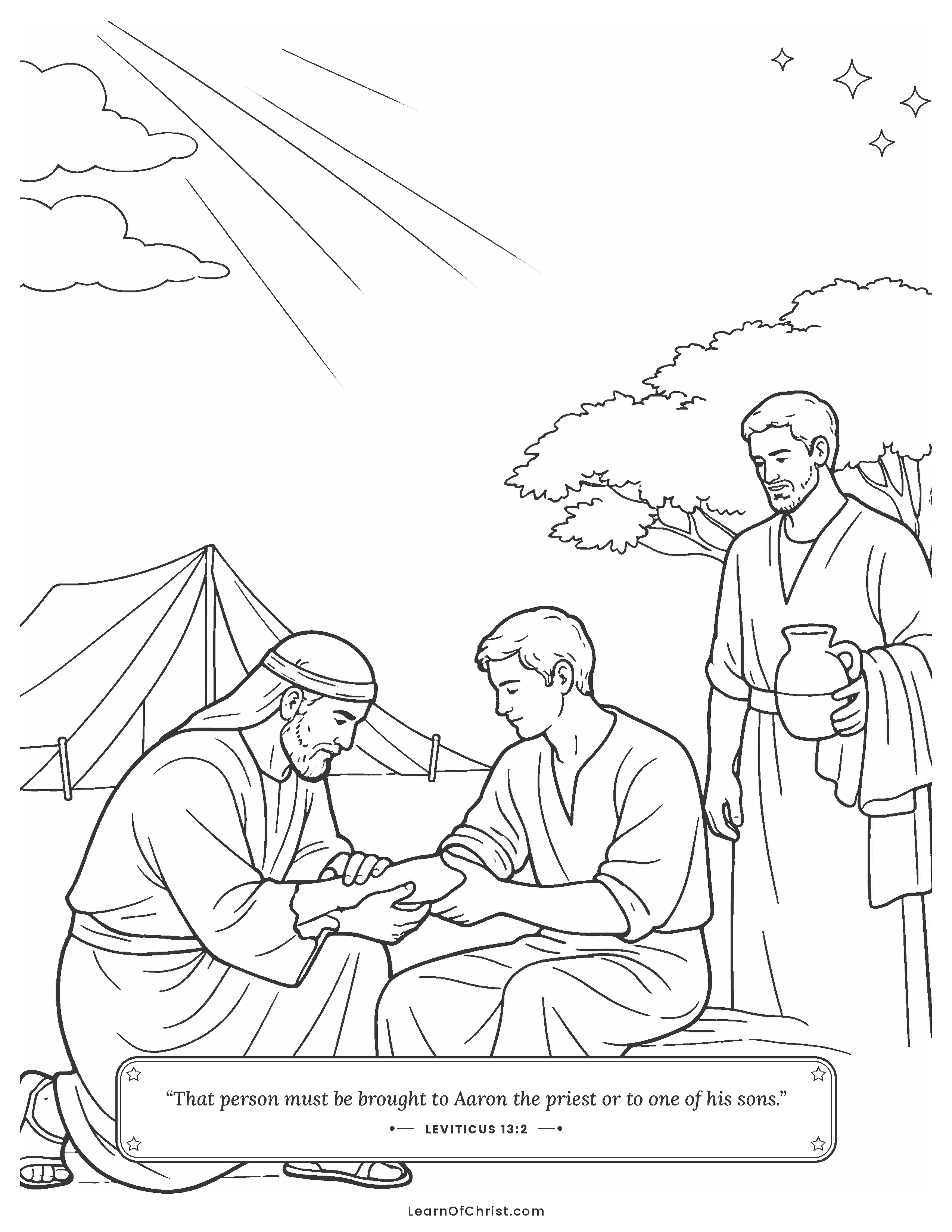 Leviticus 13 coloring page - A priest checks on someone who is sick