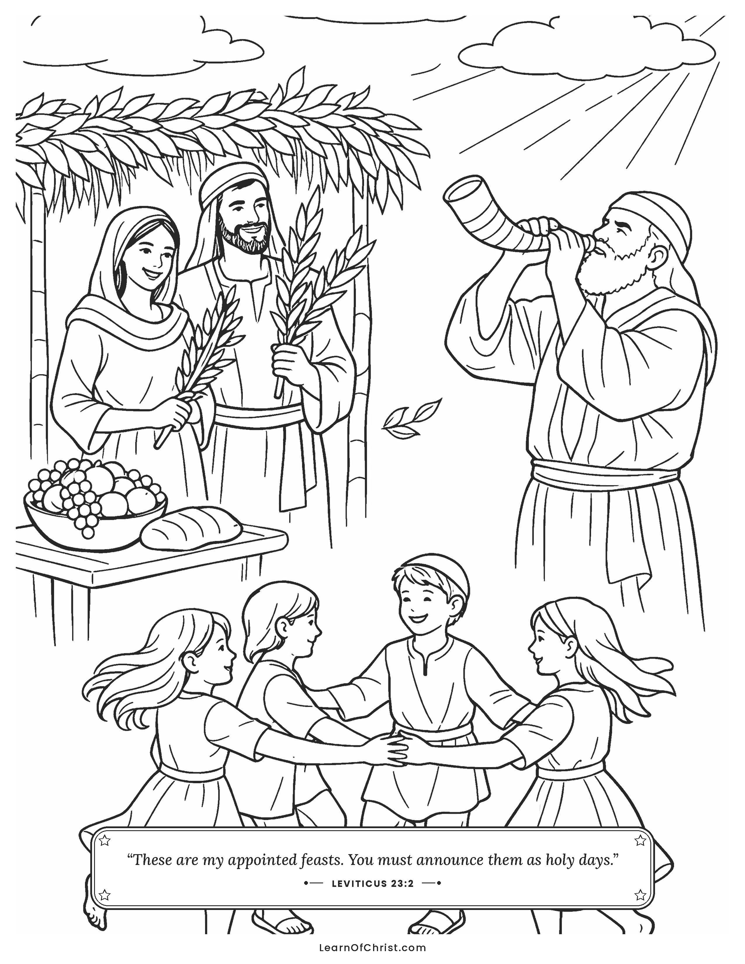Leviticus 23 coloring page - Families celebrate in leafy shelters
