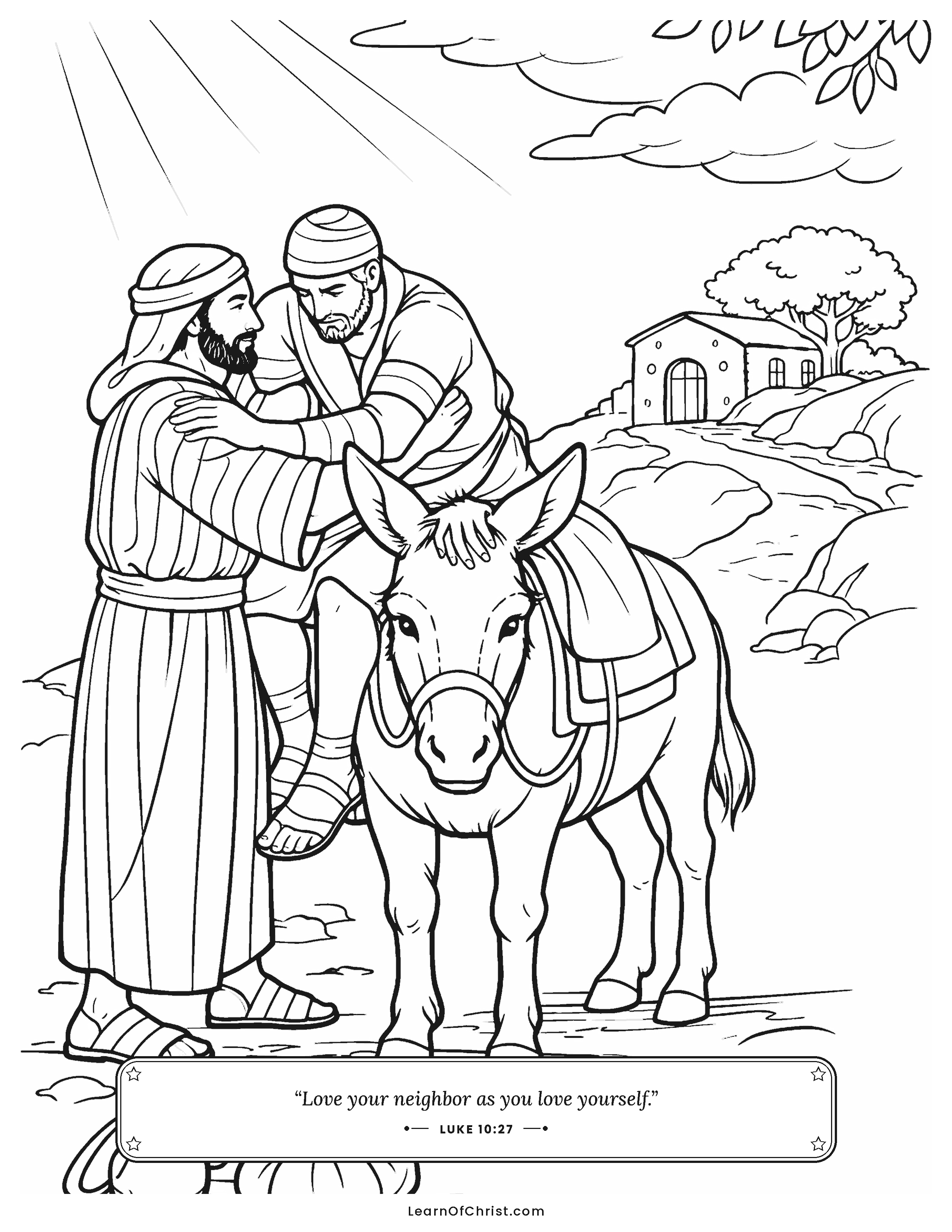 Luke 10 coloring page - The kind traveler helps a hurt stranger