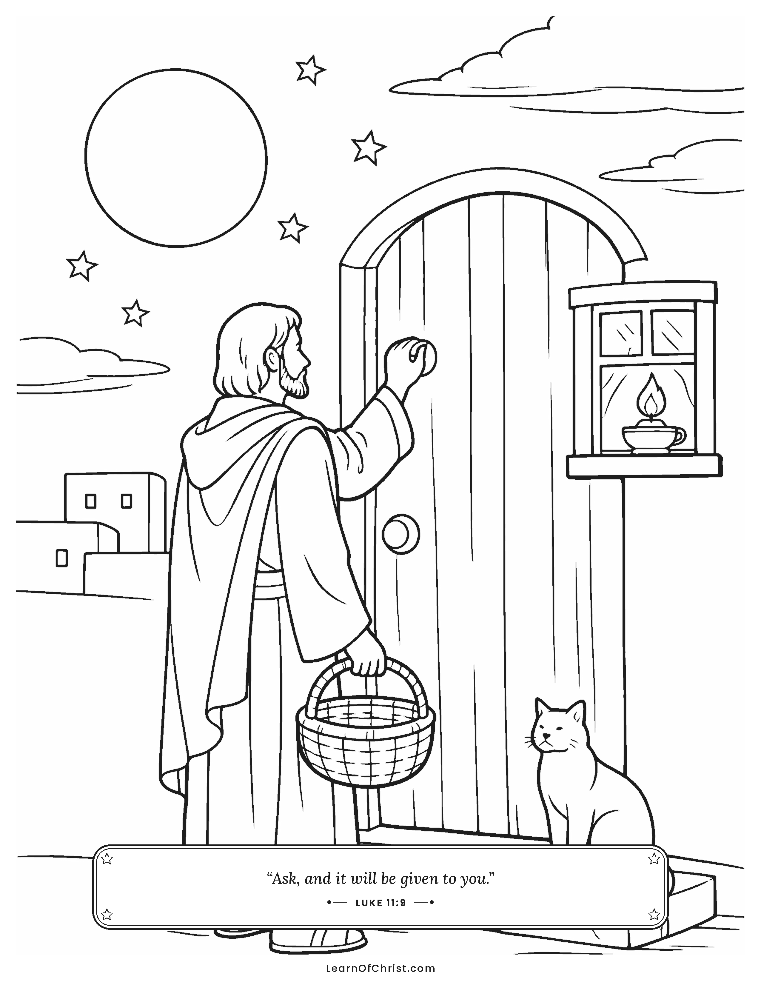 Luke 11 coloring page - Knocking on a friend's door at midnight