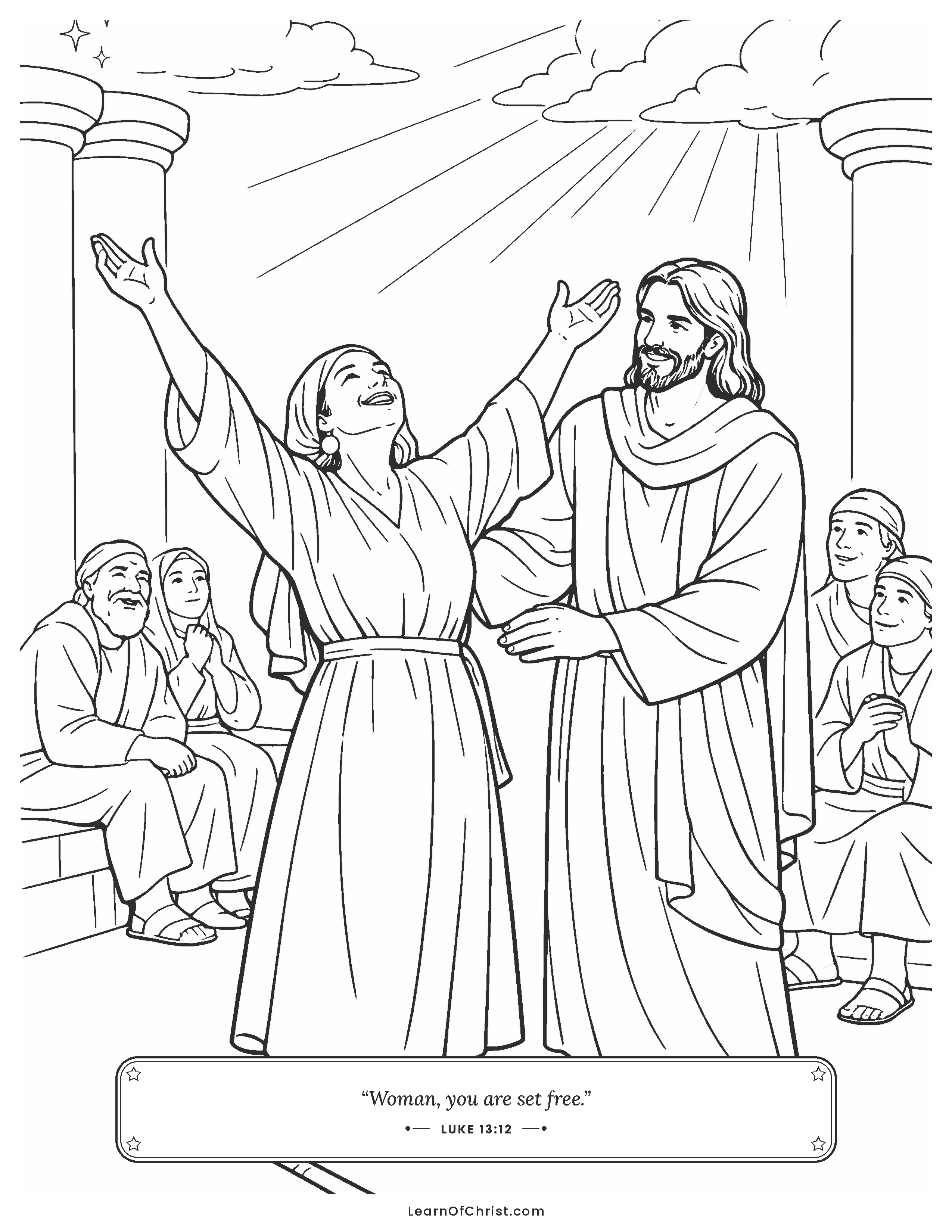 Luke 13 coloring page - A bent over woman stands up straight