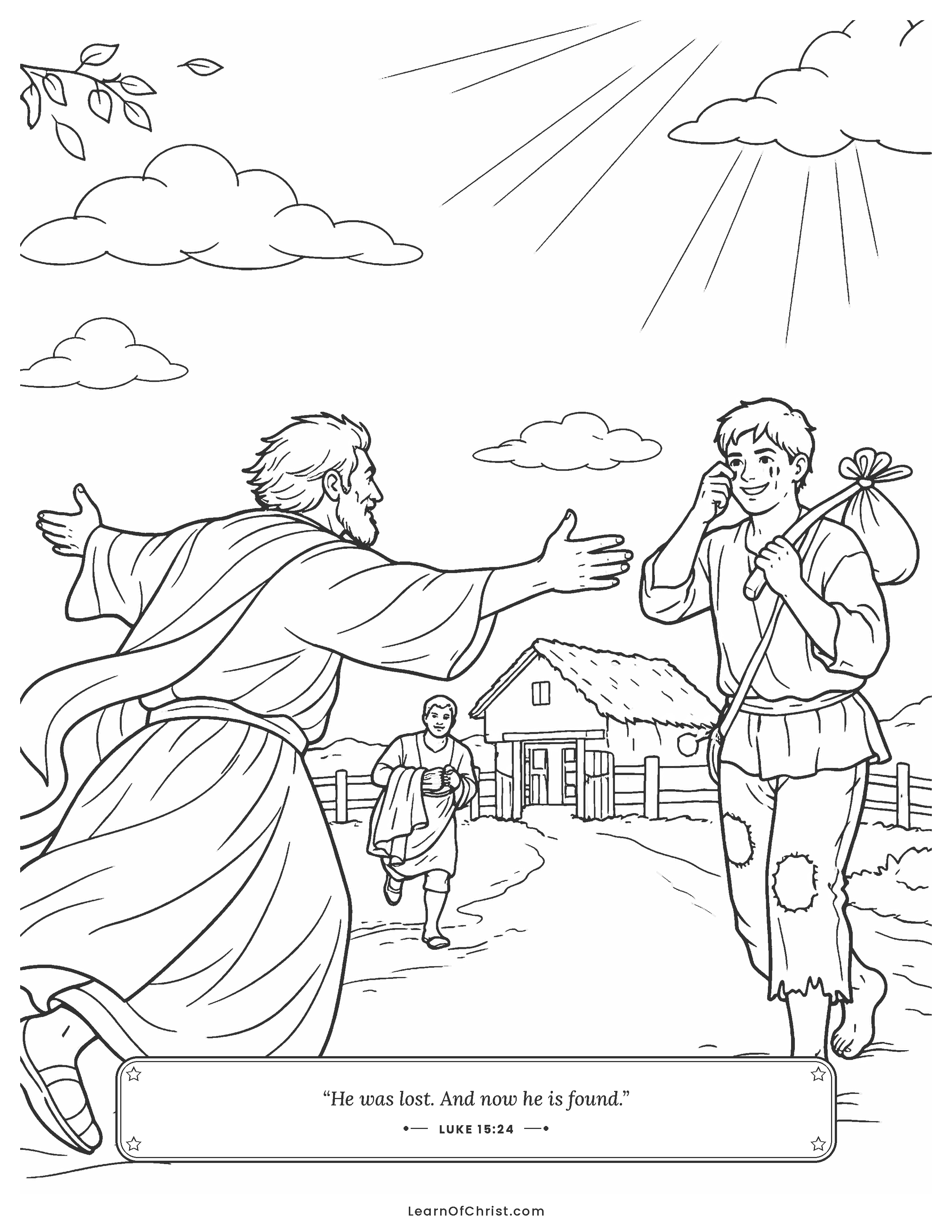Luke 15 coloring page - A father runs to hug his son home
