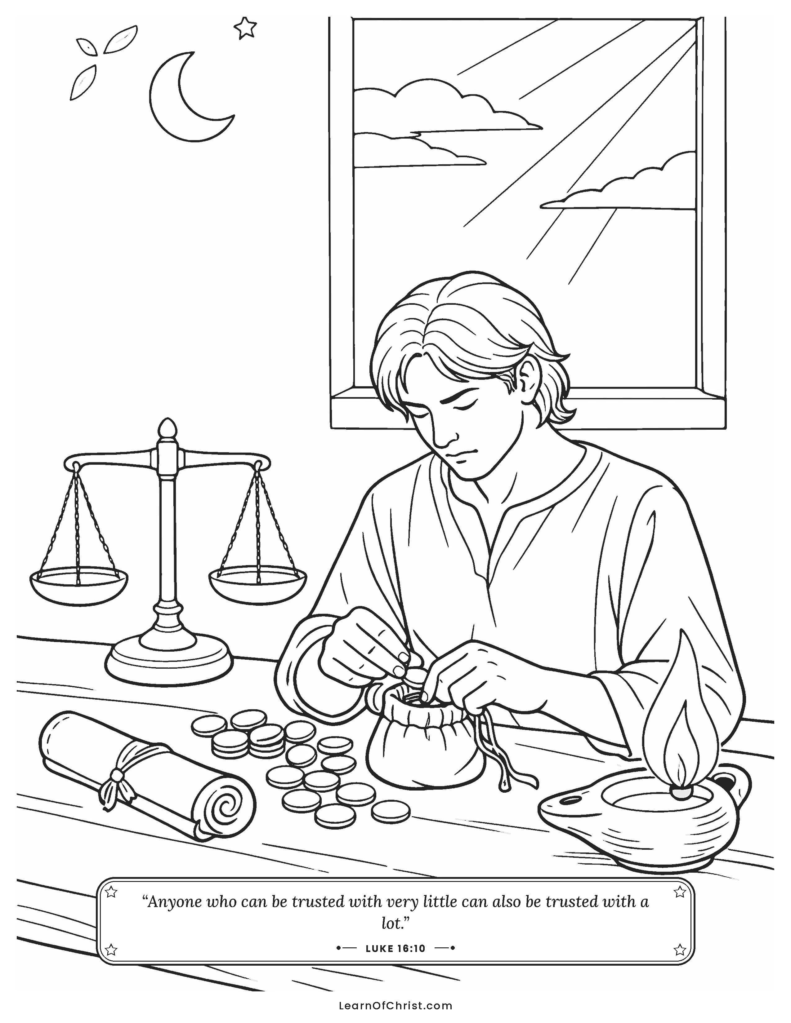 Luke 16 coloring page - Faithful with a few small coins