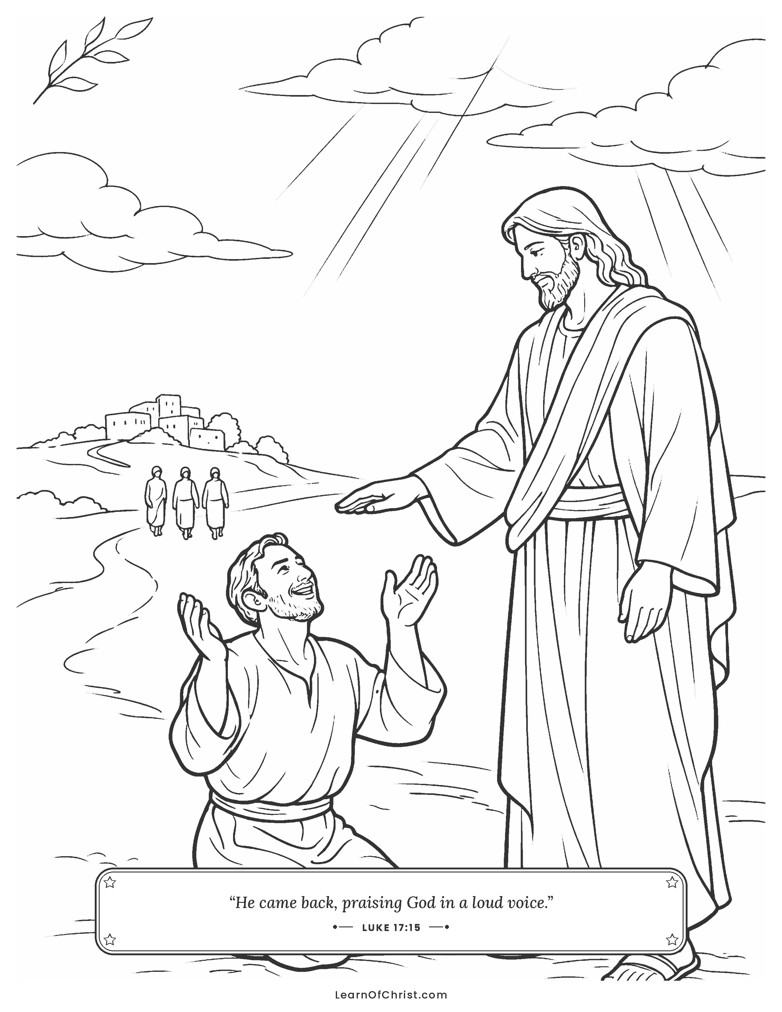 Luke 17 coloring page - One man returns to say thank you