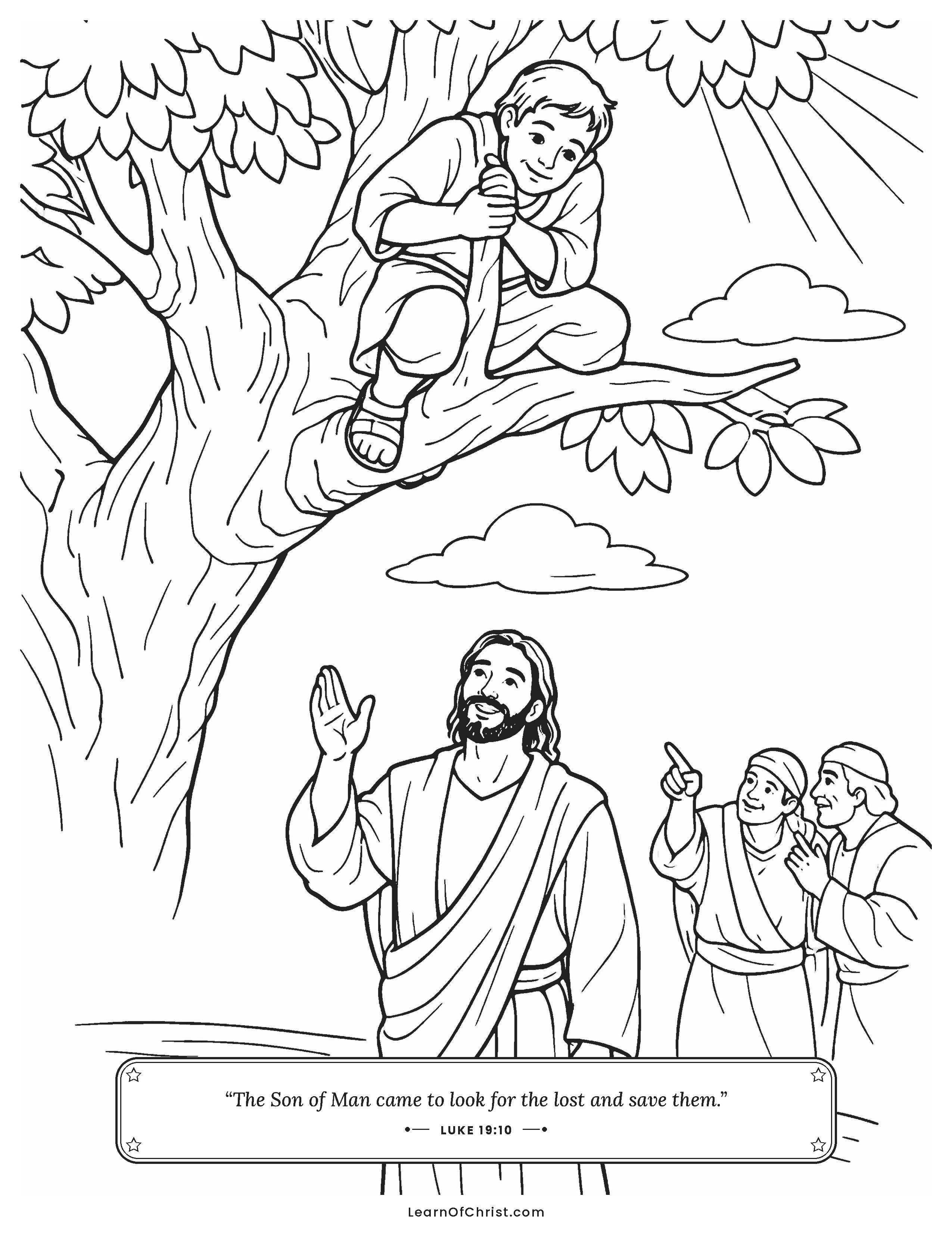 Luke 19 coloring page - Zacchaeus climbs the sycamore tree