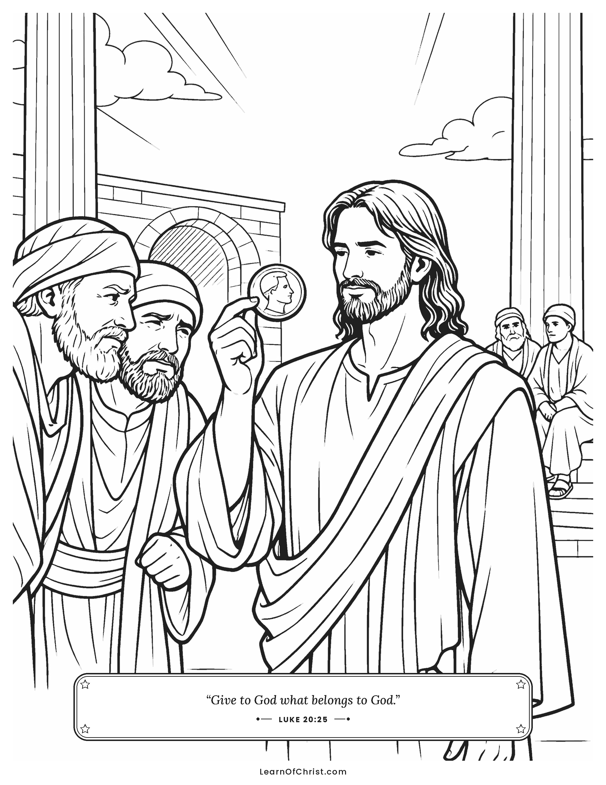 Luke 20 coloring page - Jesus holds up a coin with a face