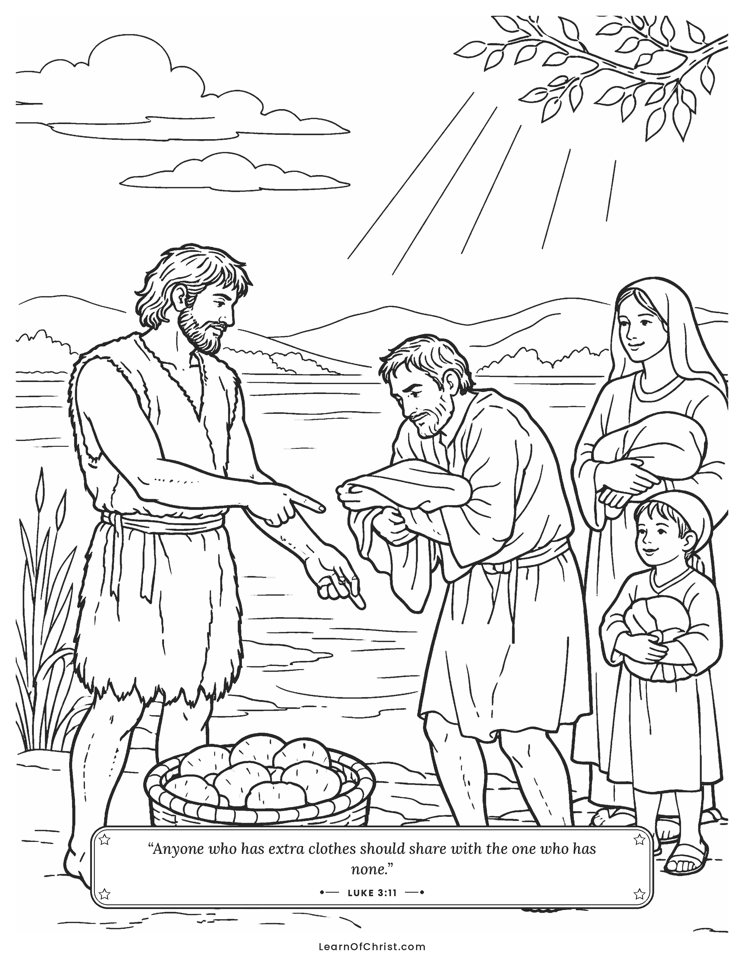 Luke 3 coloring page - John shares a coat by the river