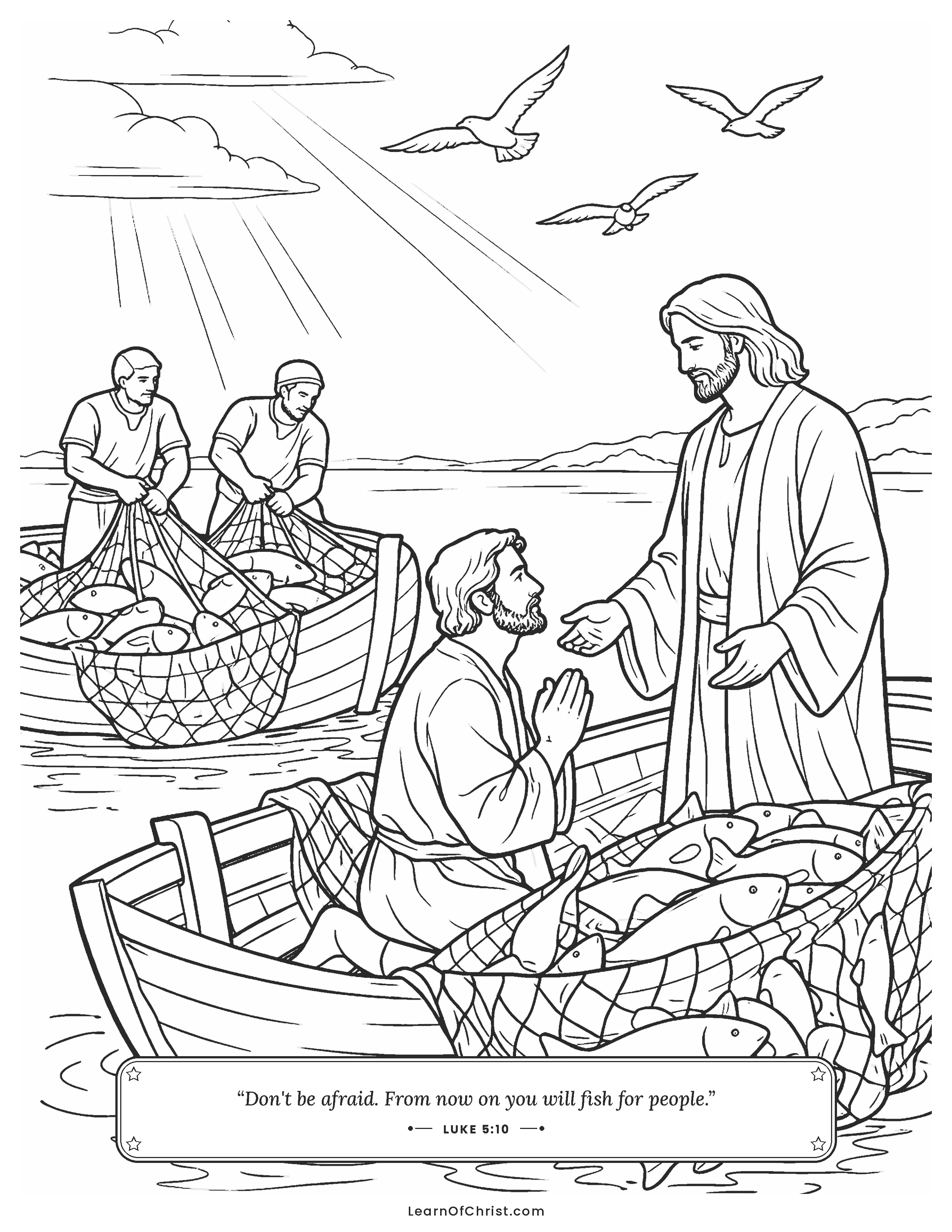 Luke 5 coloring page - Nets overflow with a huge catch of fish