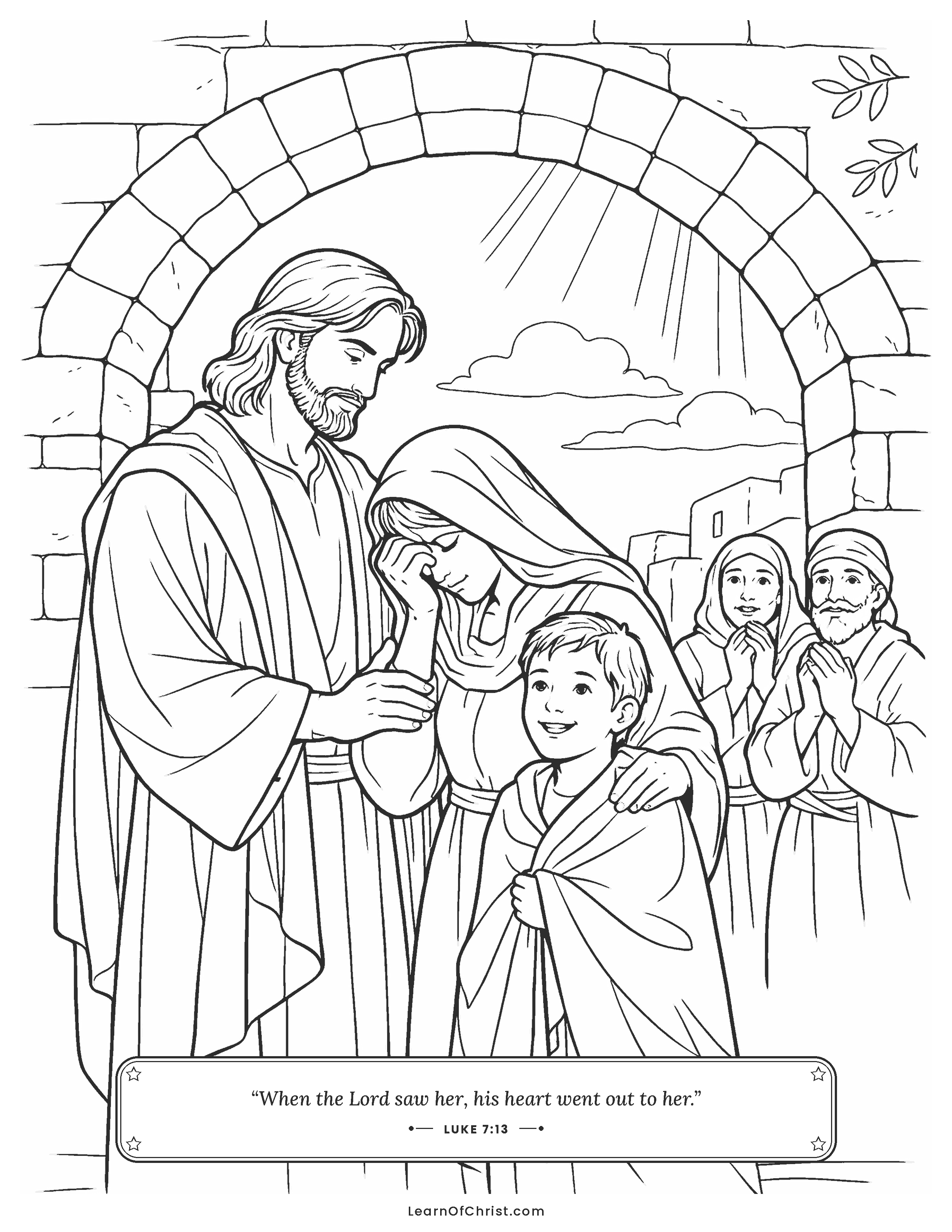 Luke 7 coloring page - Jesus comforts a crying mother at the gate