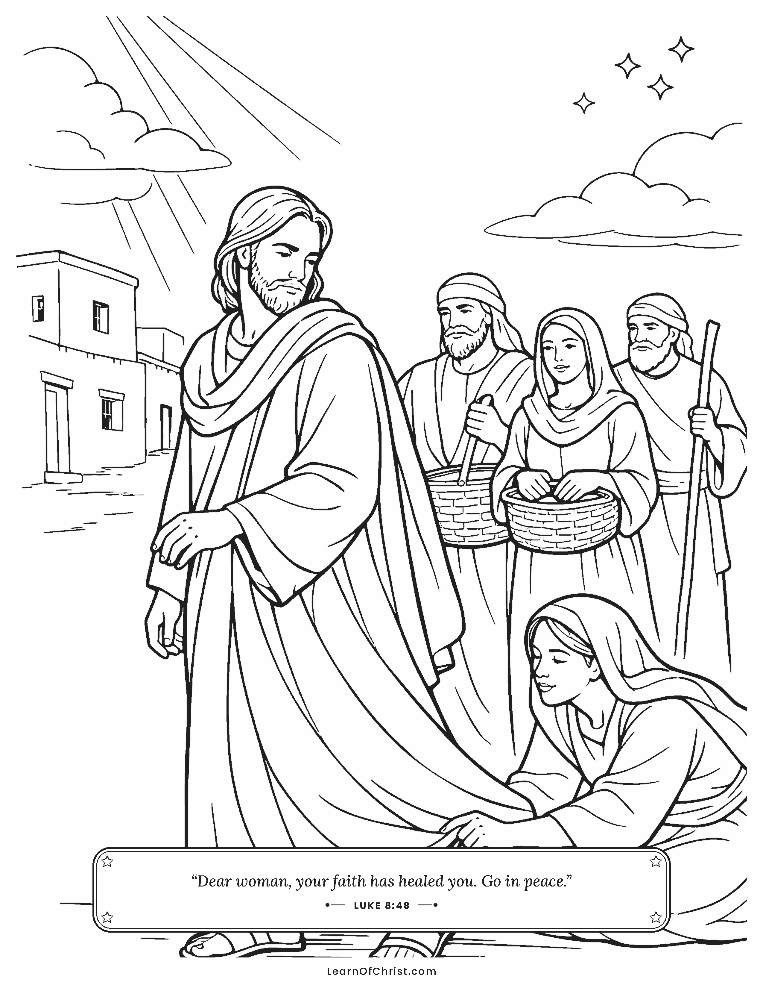 Luke 8 coloring page - A woman reaches to touch Jesus' cloak