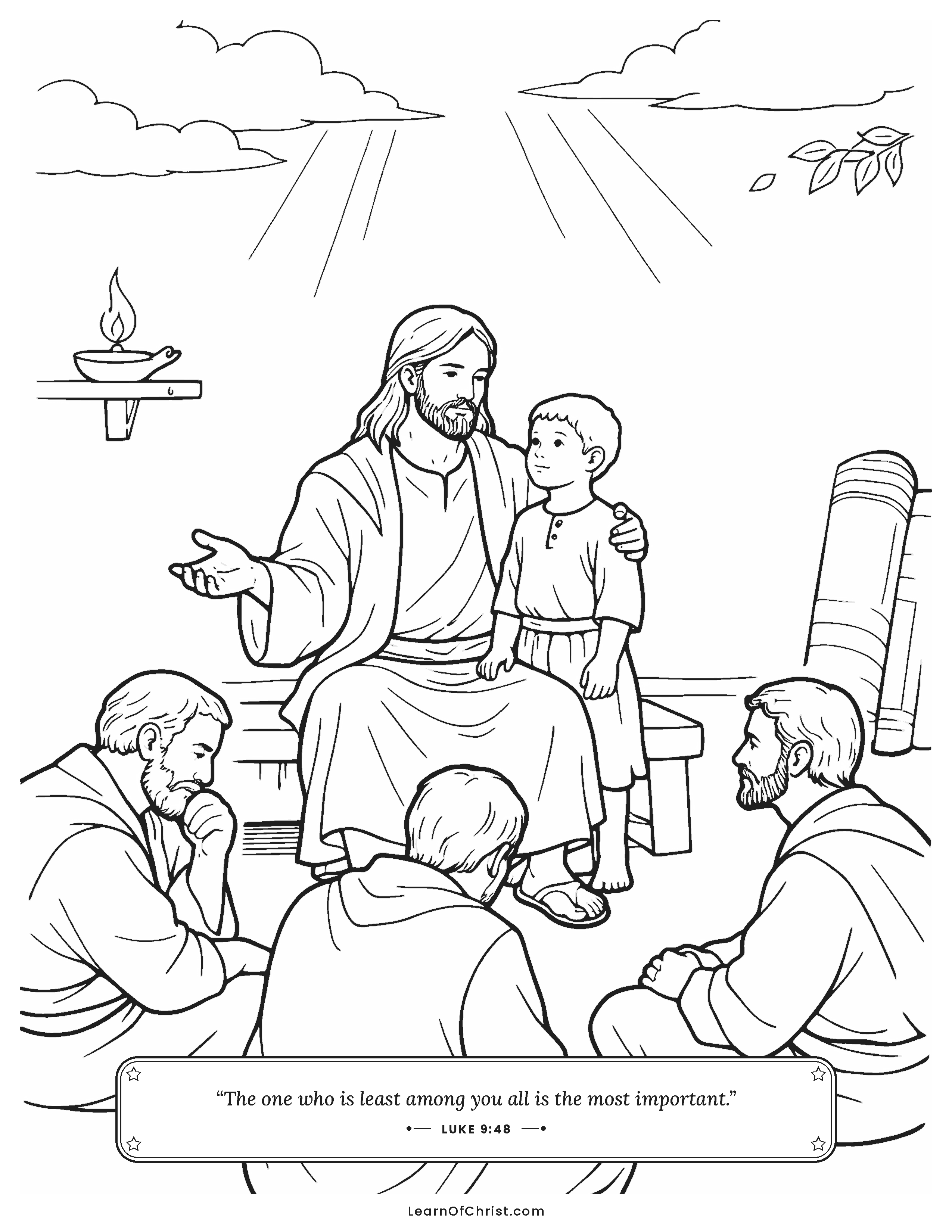 Luke 9 coloring page - Jesus stands a little child beside him