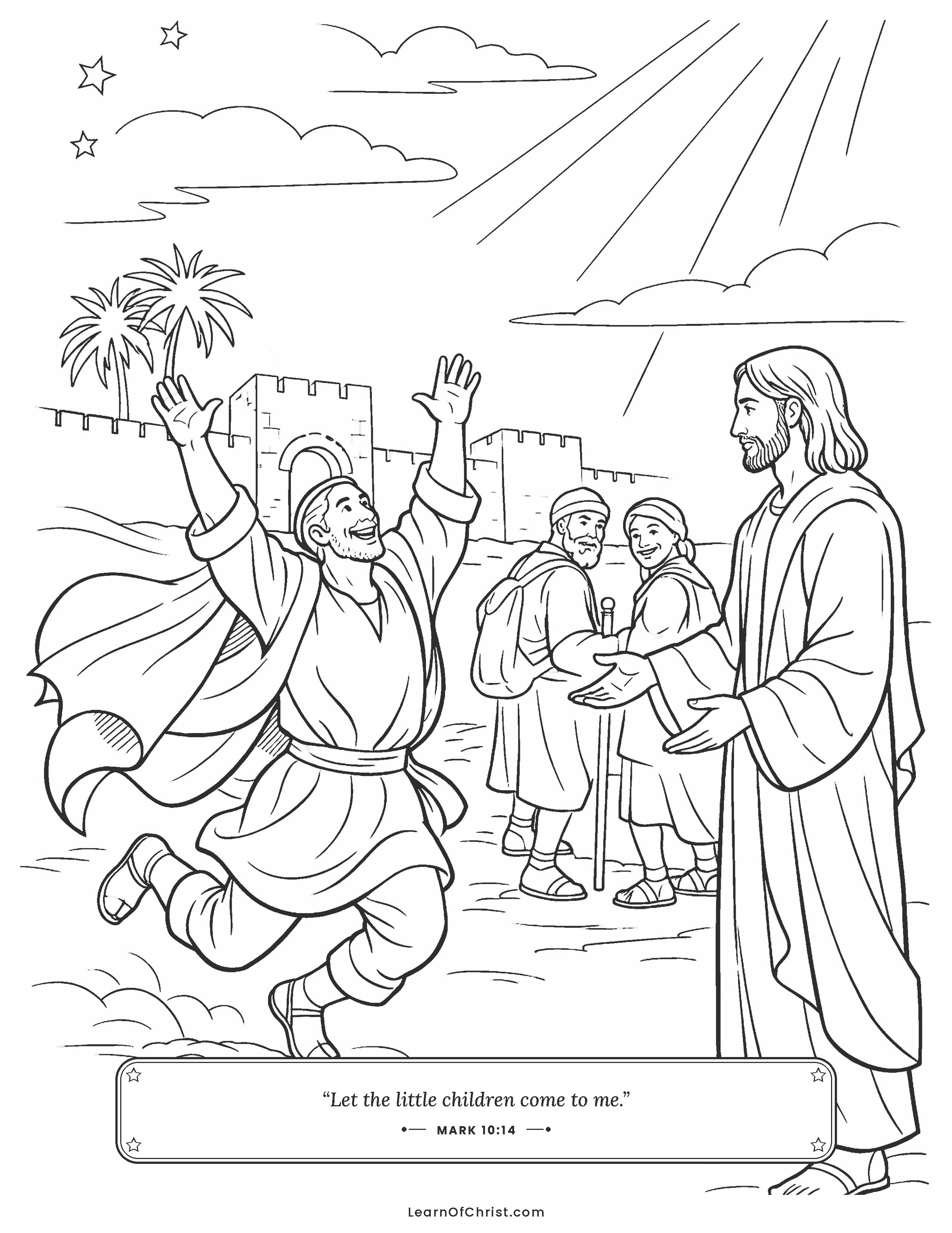 Mark 10 coloring page - Bartimaeus jumps up and throws his cloak