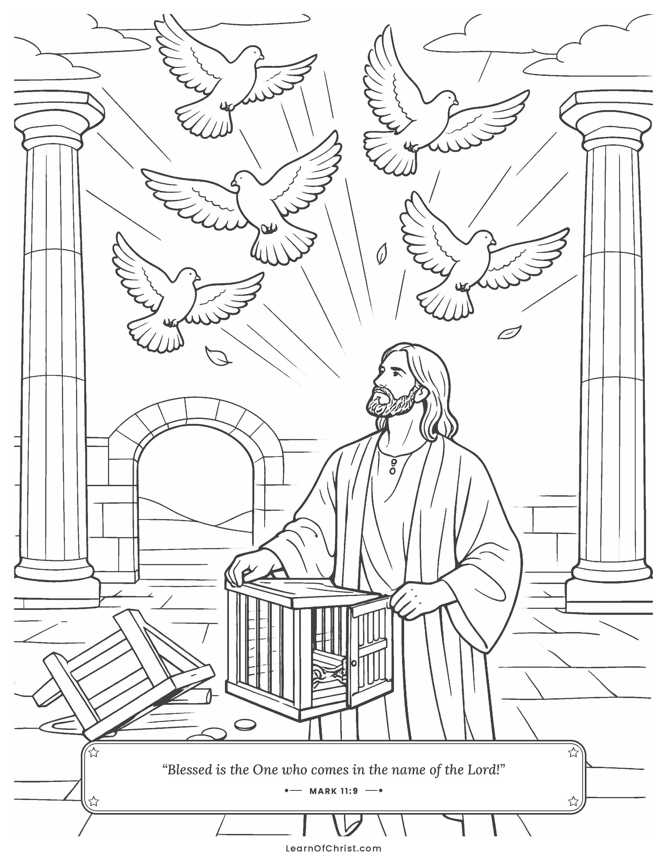 Mark 11 coloring page - Jesus sets the doves free in the temple court