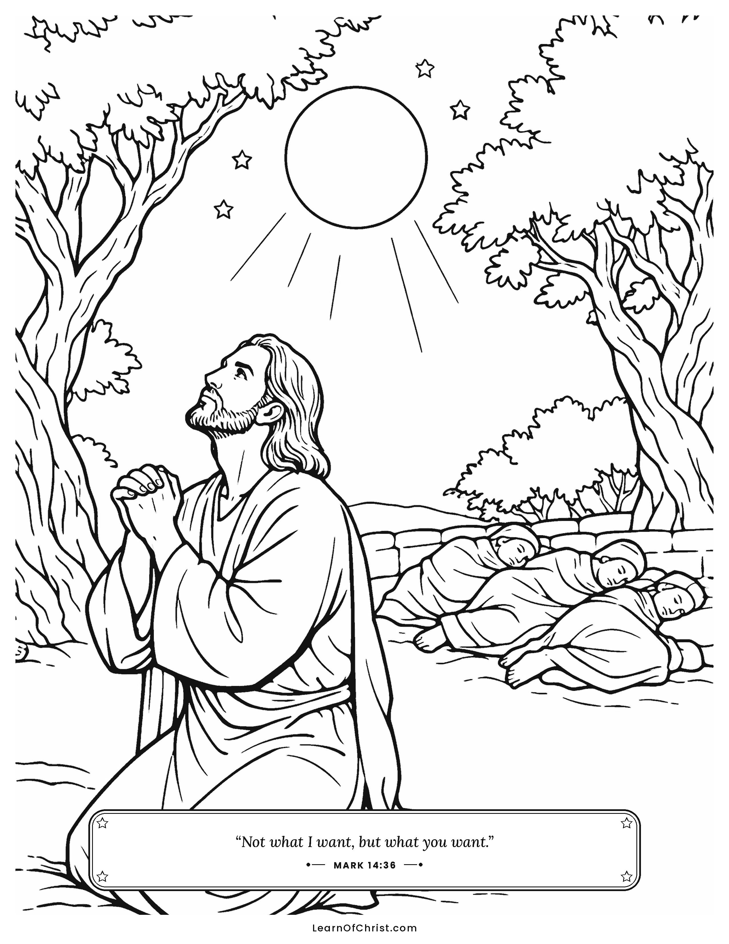 Mark 14 coloring page - Jesus prays in the quiet garden