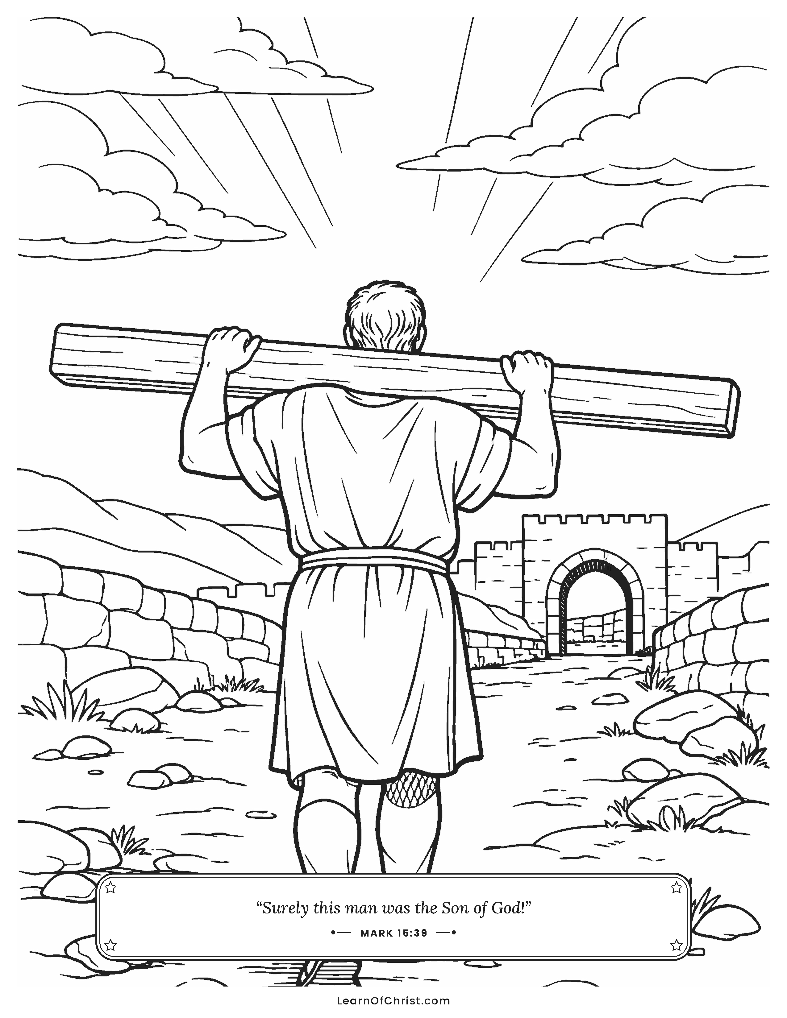 Mark 15 coloring page - Simon carries the heavy wooden beam