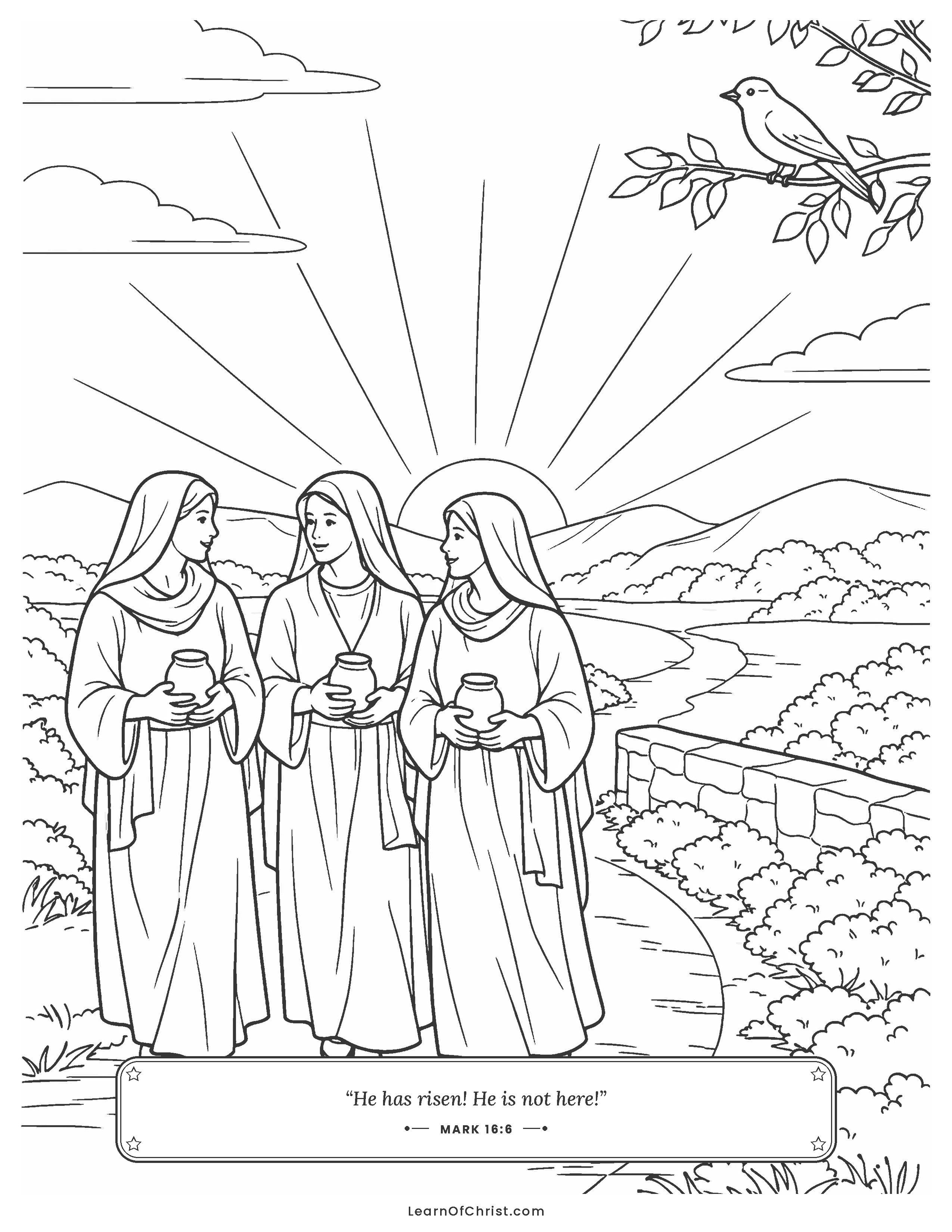 Mark 16 coloring page - Walking to the tomb at first light