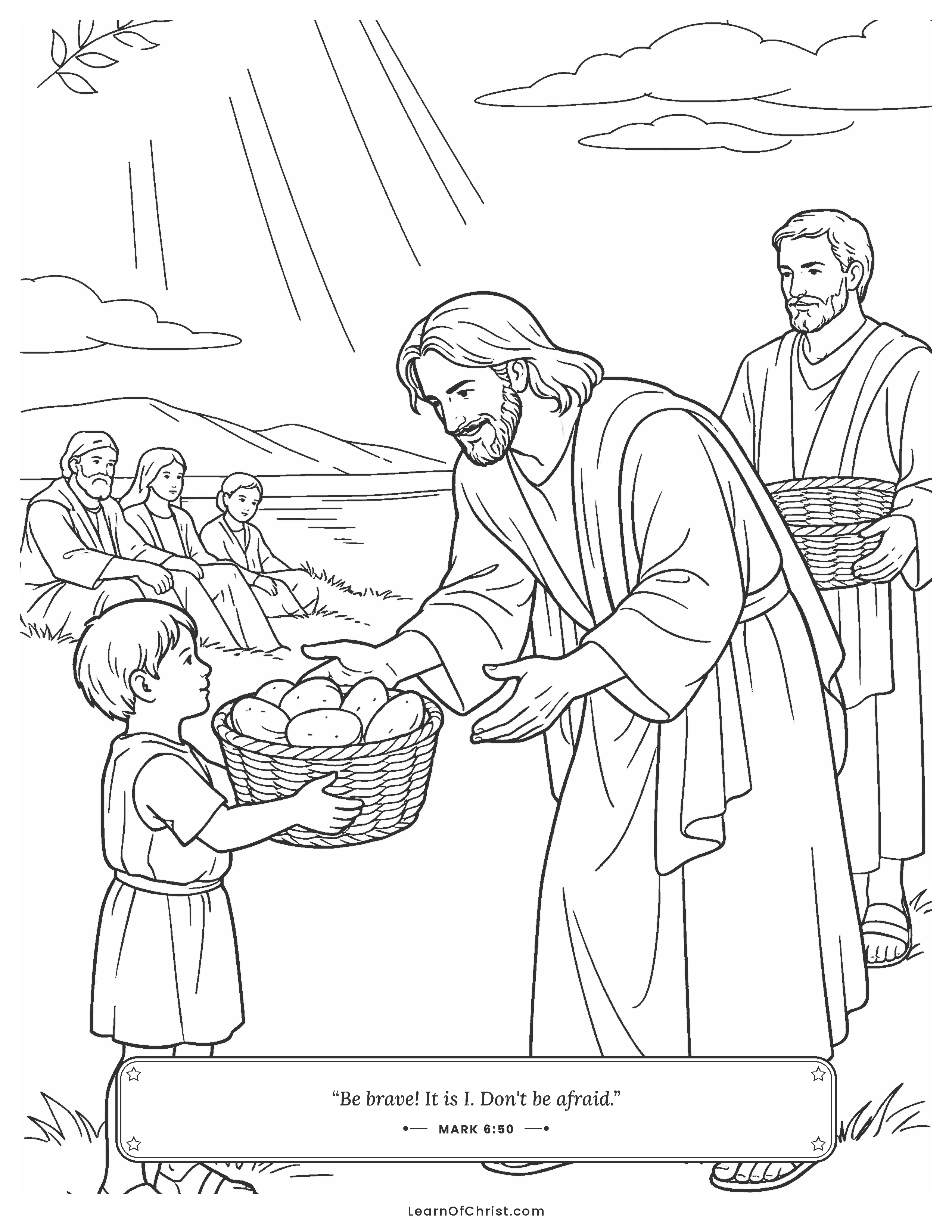 Mark 6 coloring page - A boy gives Jesus his five loaves
