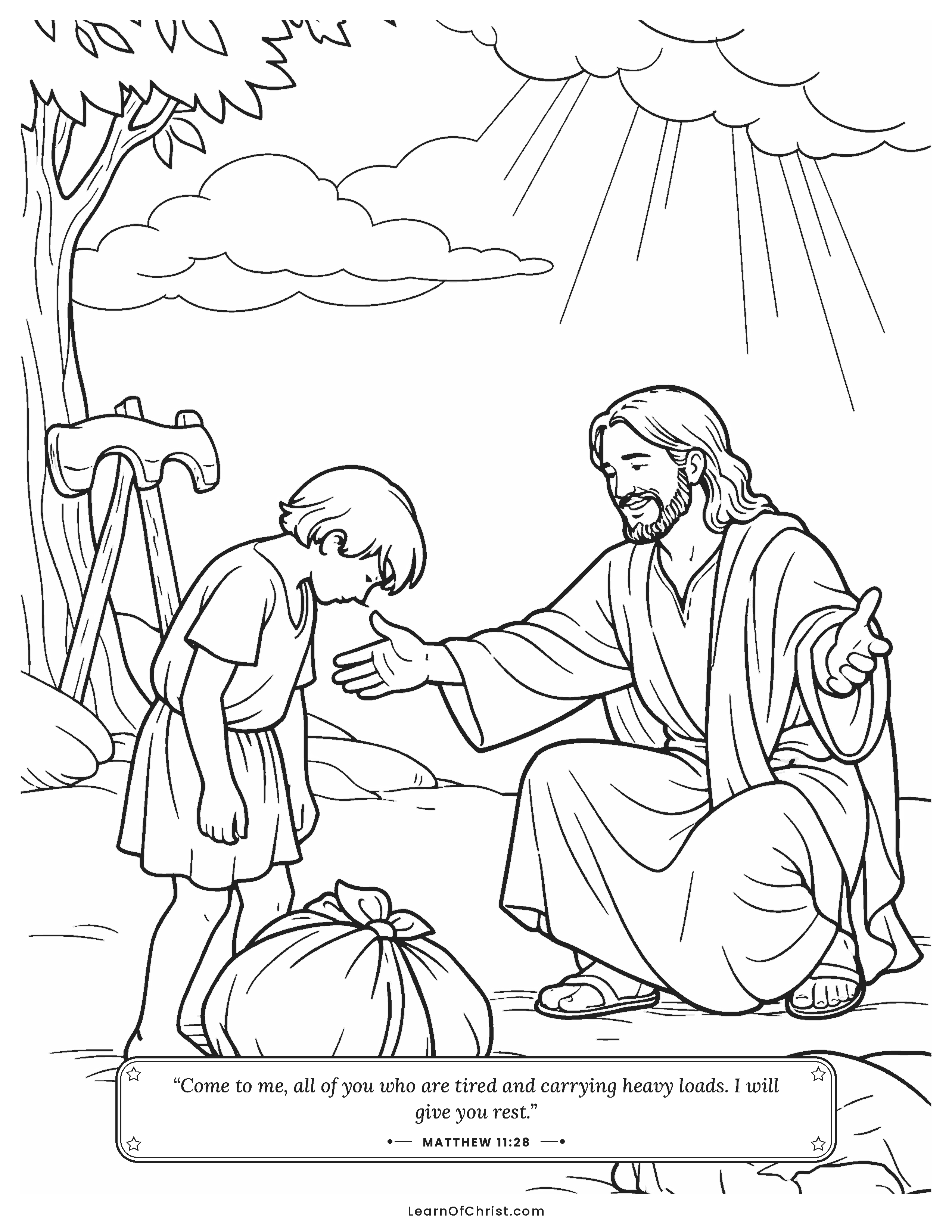 Matthew 11 coloring page - Jesus welcomes a tired child to rest