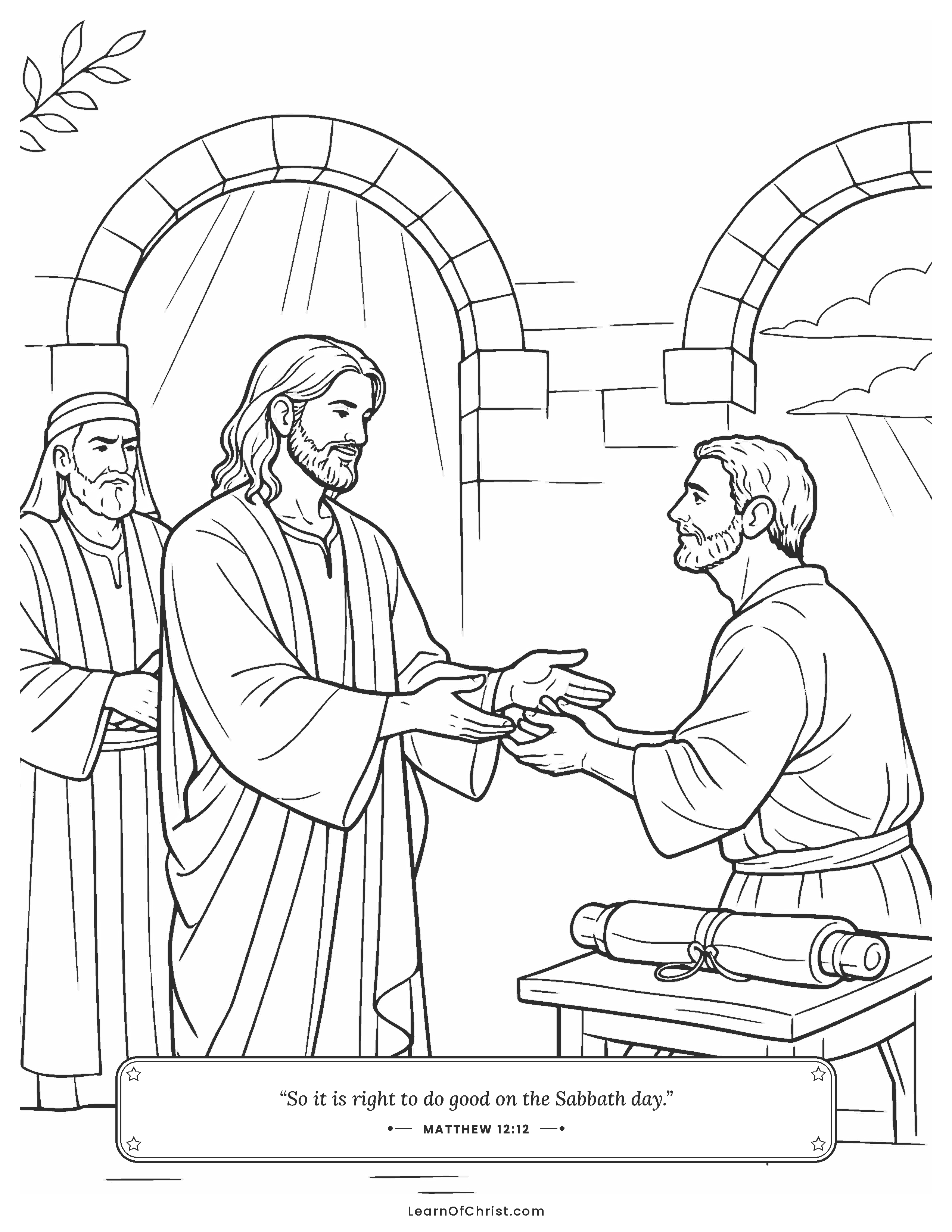 Matthew 12 coloring page - Jesus heals a hand on the rest day