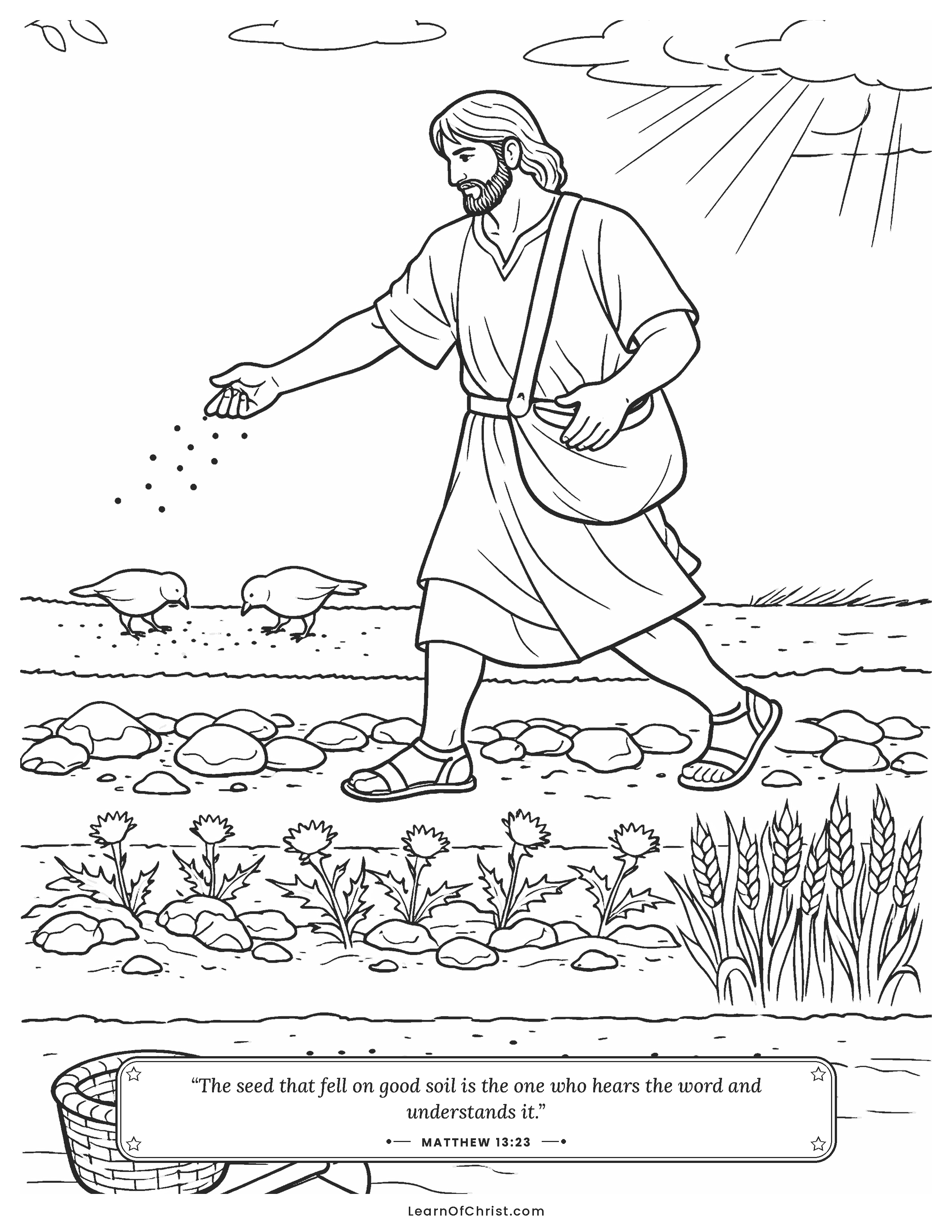 Matthew 13 coloring page - A farmer scatters seed on four soils