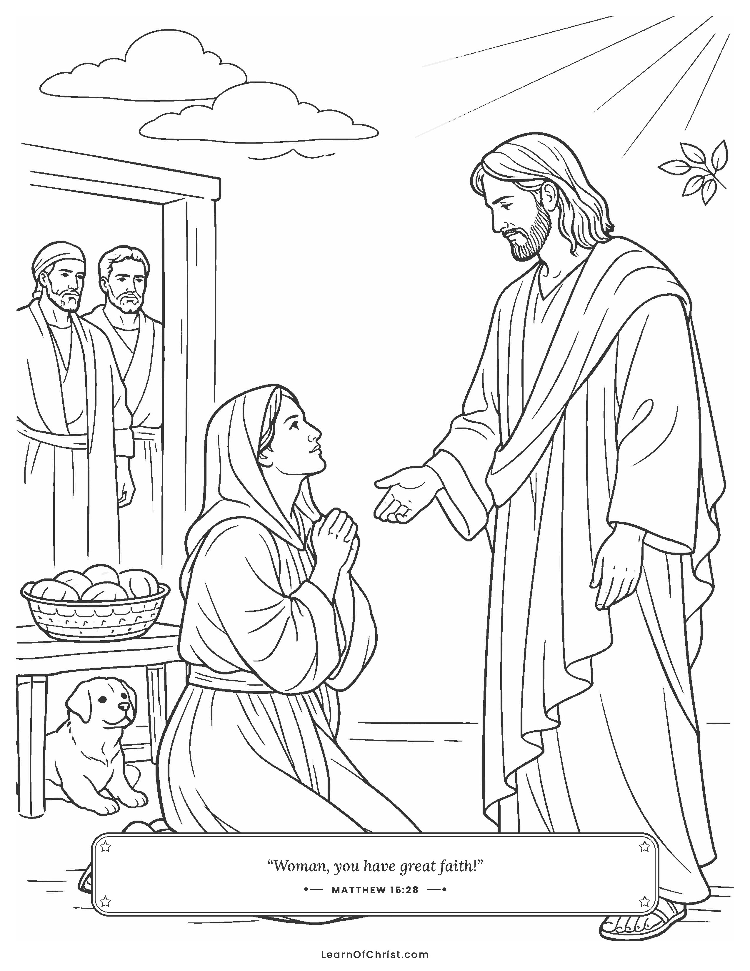 Matthew 15 coloring page - A mother keeps asking Jesus for help