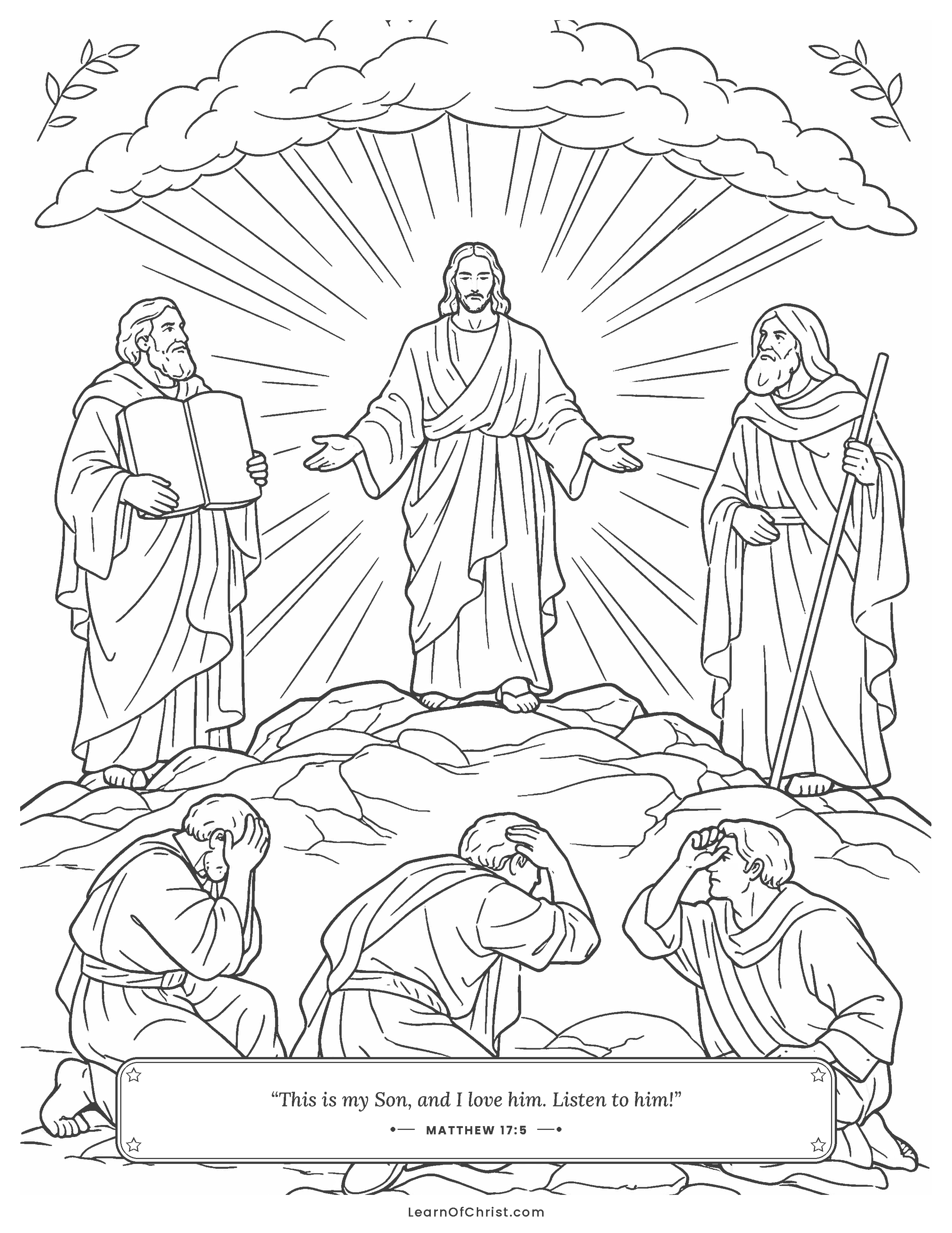Matthew 17 coloring page - Jesus shines on the high mountain