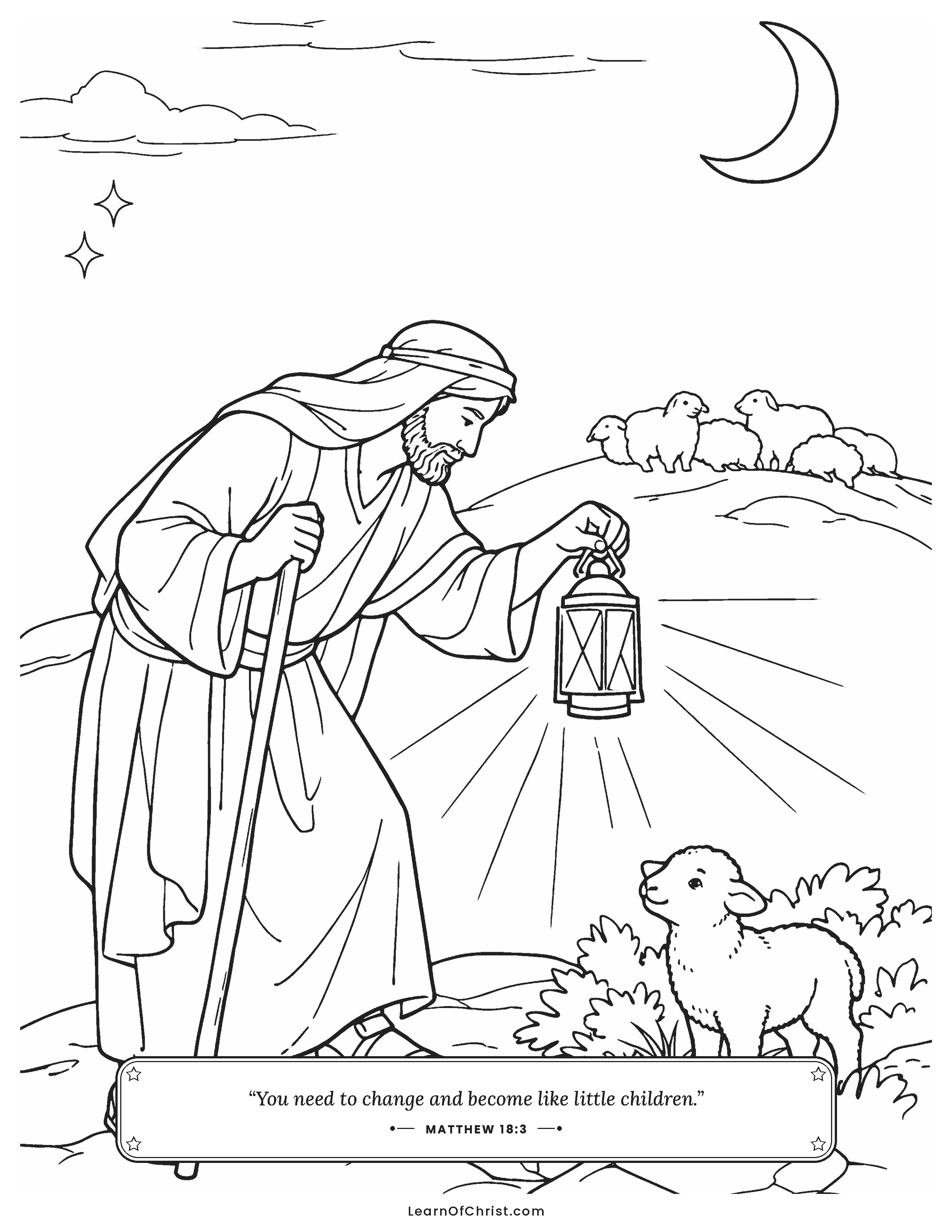Matthew 18 coloring page - Searching the hills for one lost lamb