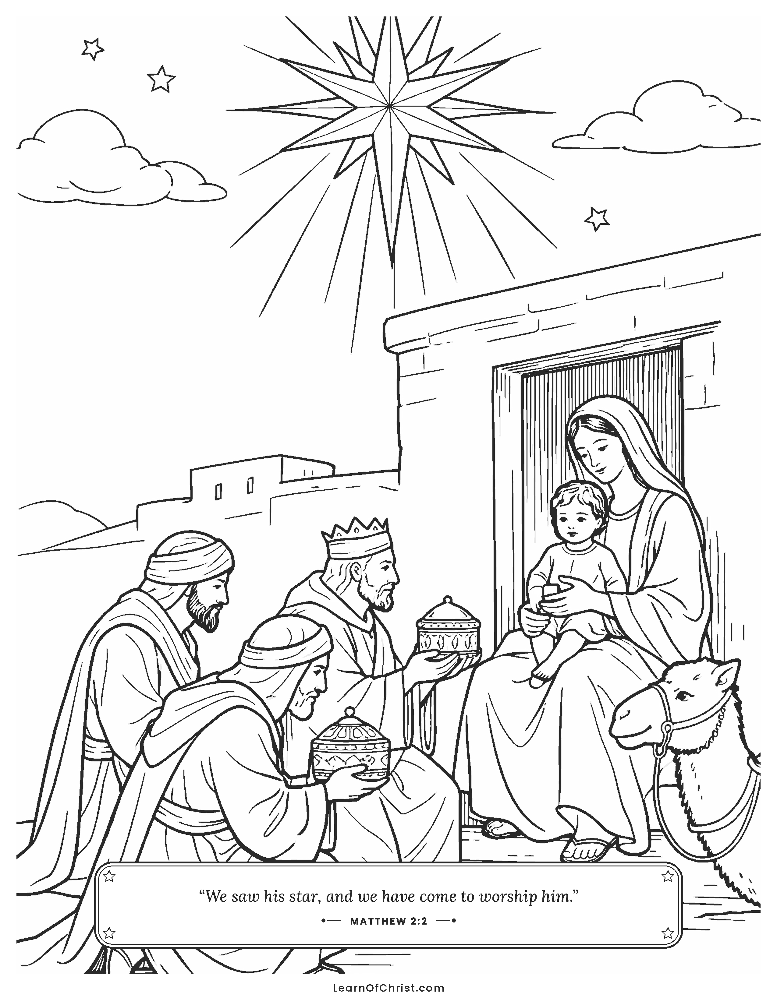 Matthew 2 coloring page - Wise men bring gifts to the child