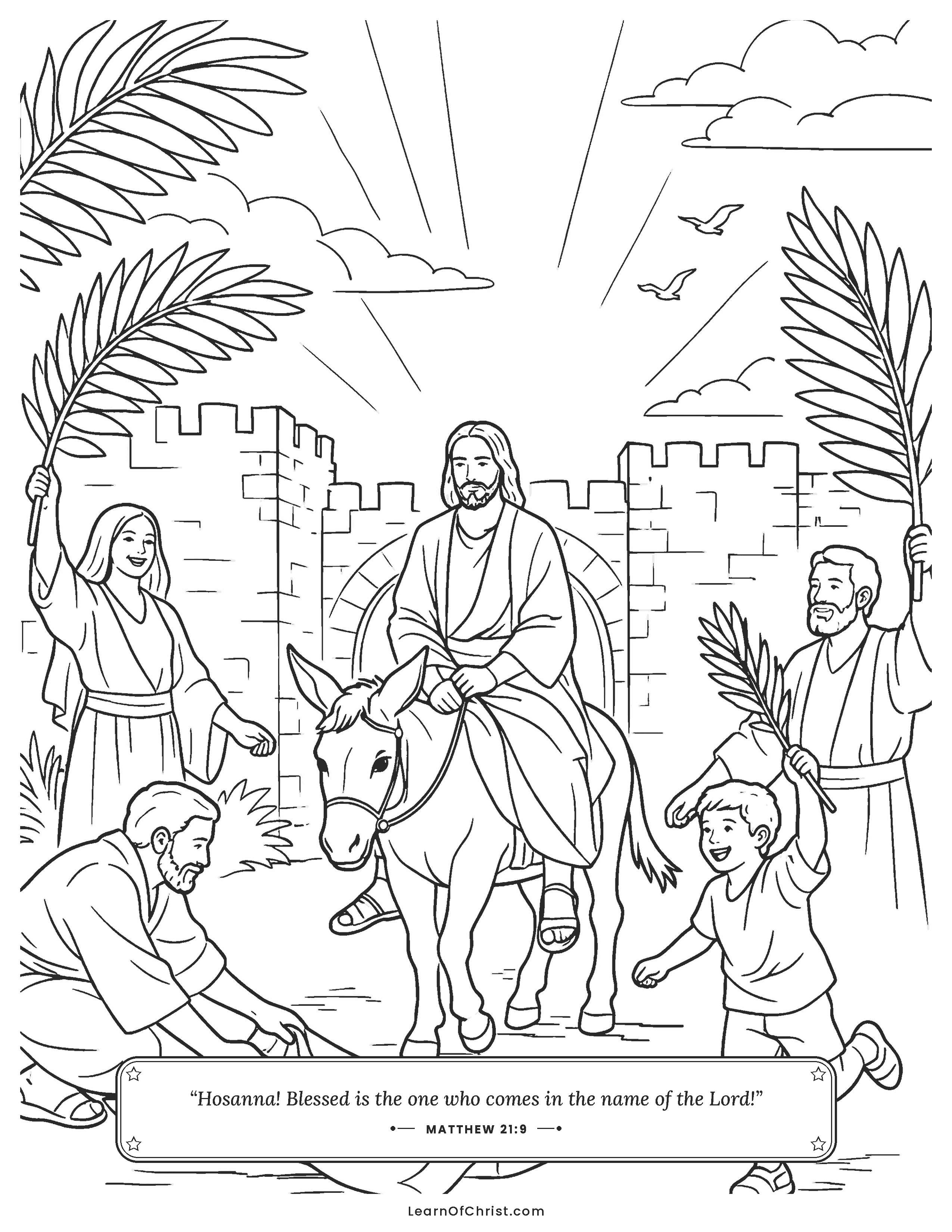 Matthew 21 coloring page - Jesus rides into the city on a donkey
