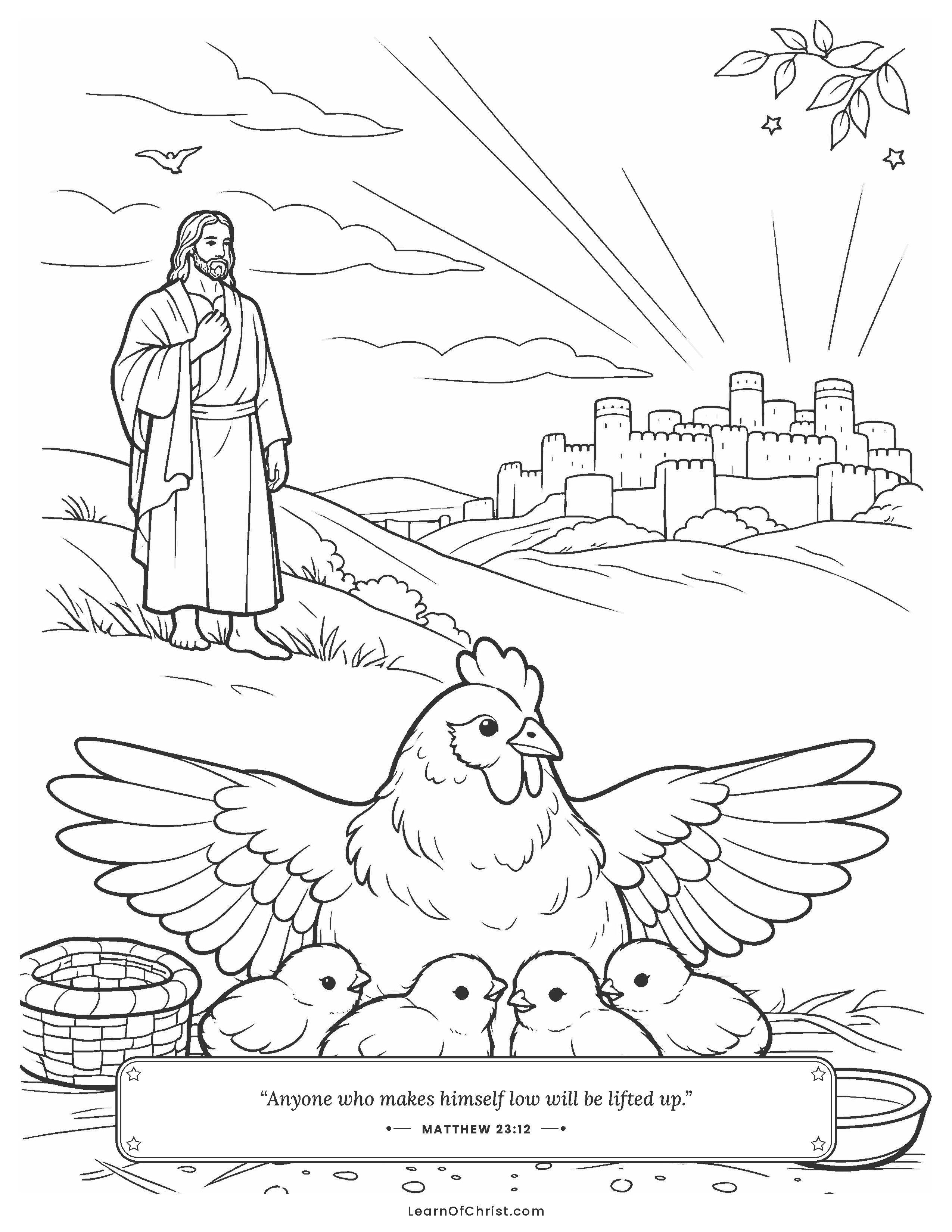 Matthew 23 coloring page - A hen gathers her chicks together