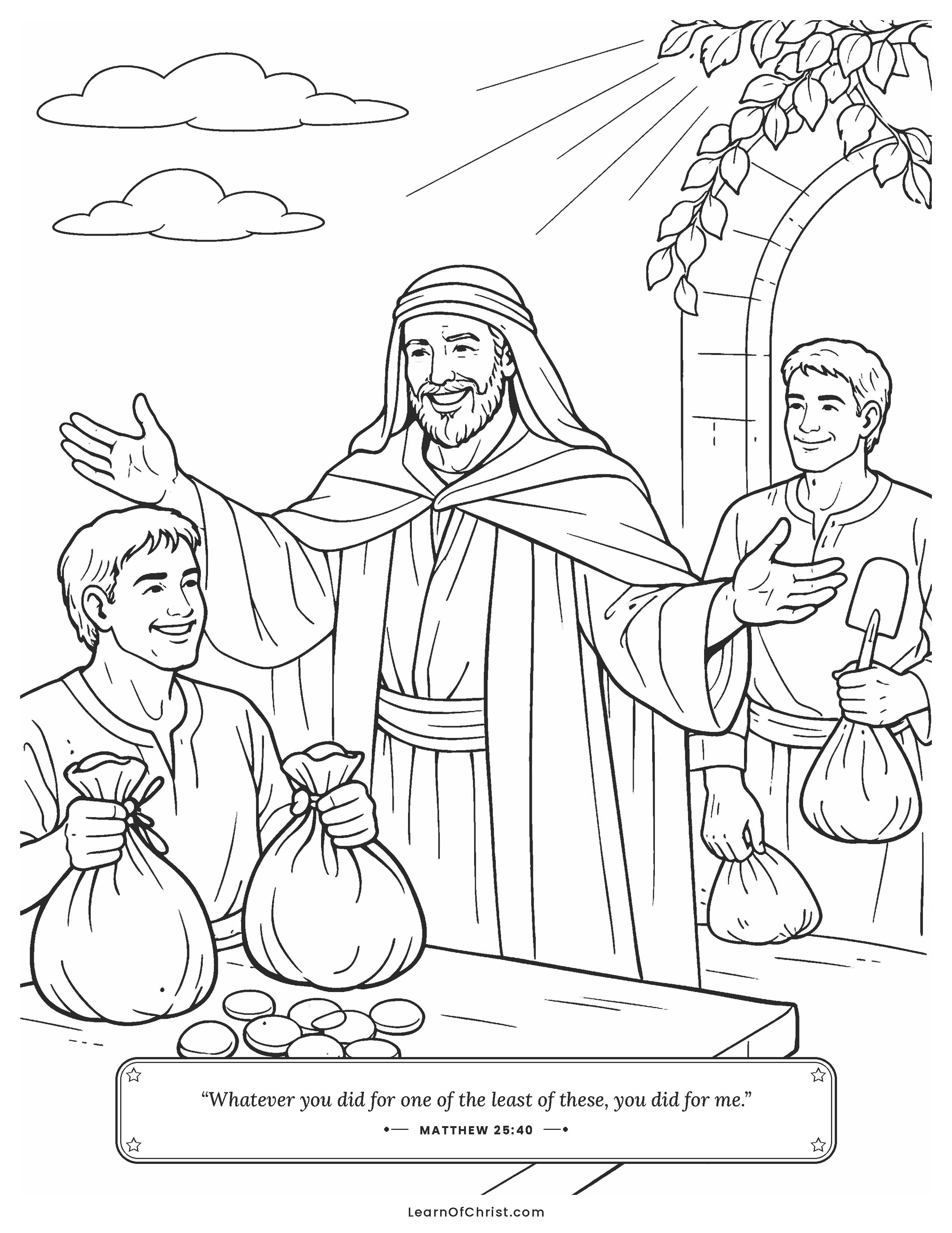Matthew 25 coloring page - A servant brings back full bags of coins