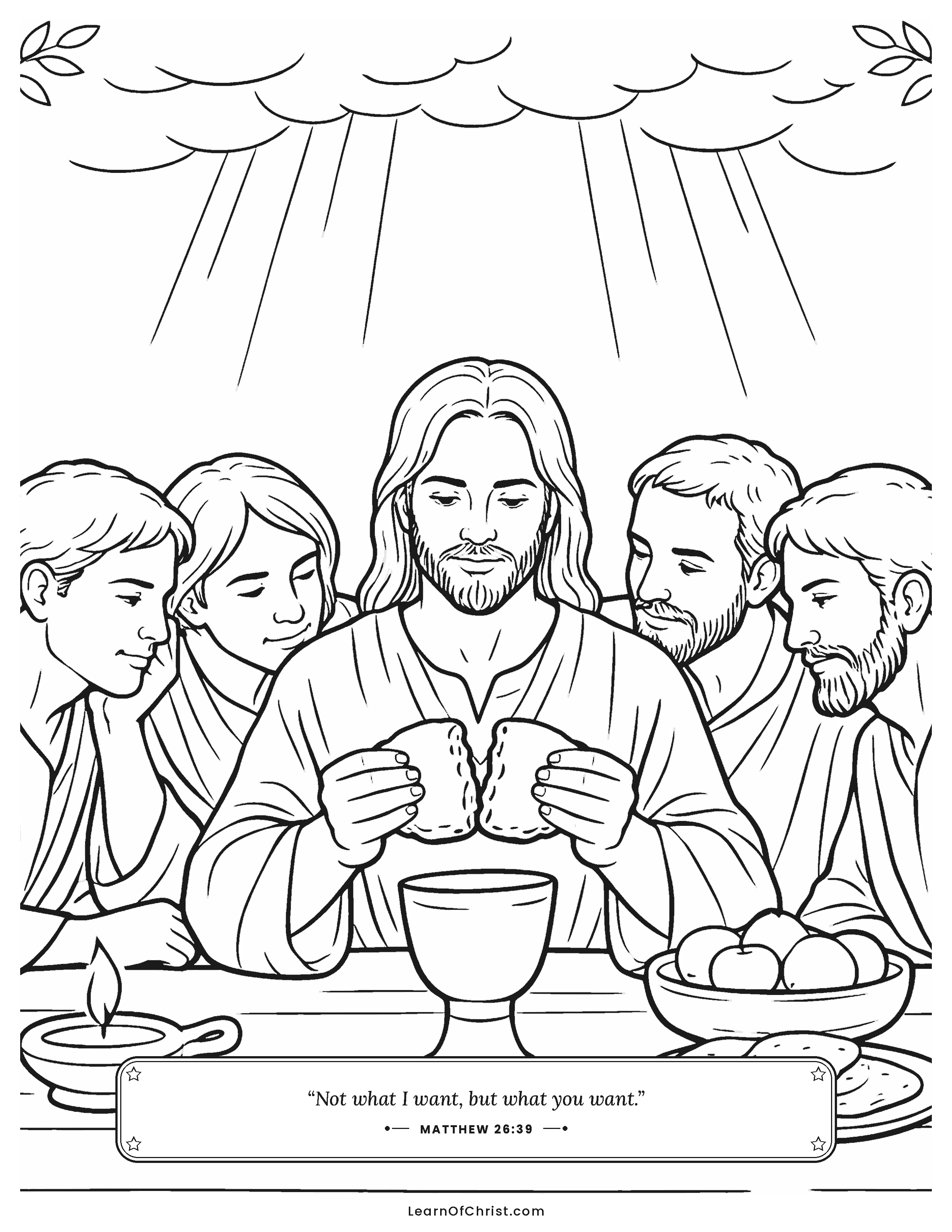 Matthew 26 coloring page - Jesus breaks the bread at the last supper