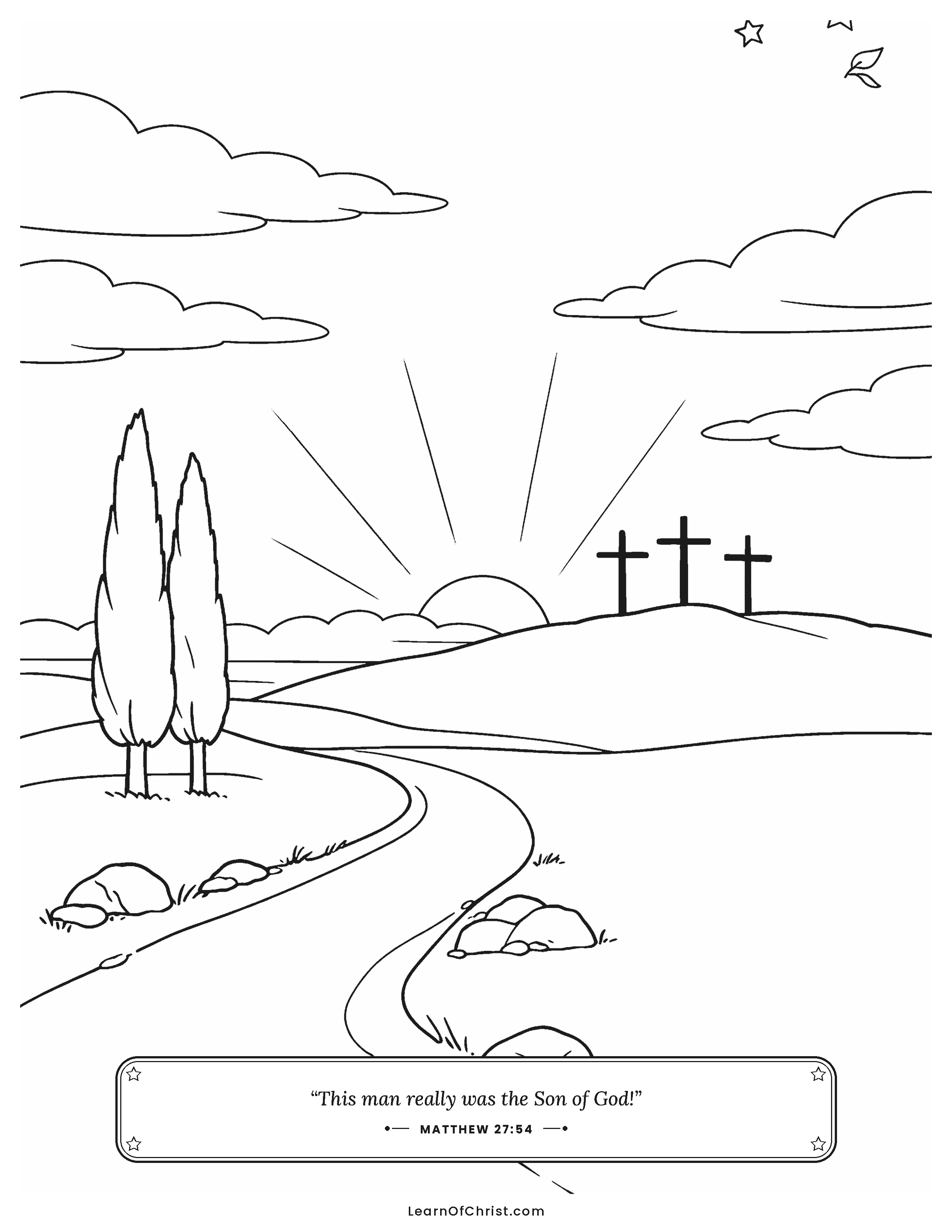 Matthew 27 coloring page - Three crosses on a far hill at dusk