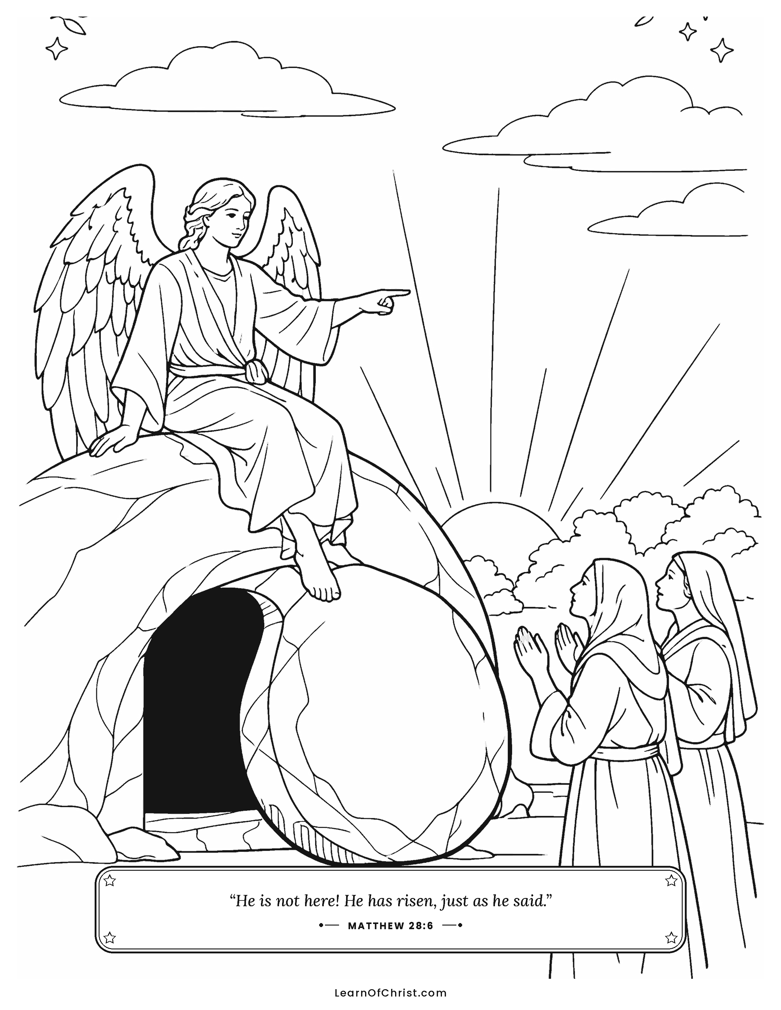 Matthew 28 coloring page - An angel sits on the rolled away stone