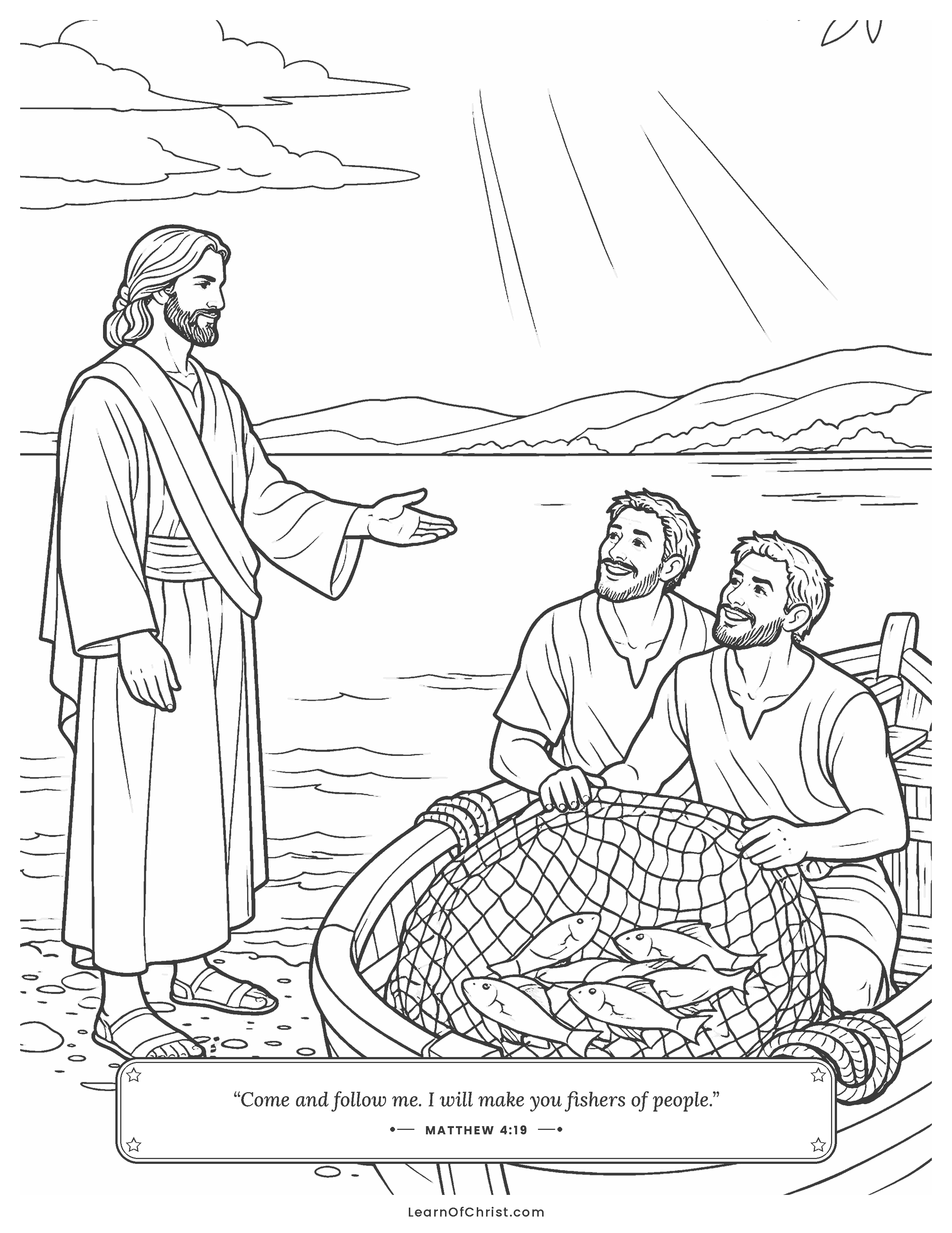 Matthew 4 coloring page - Jesus calls the fishermen to follow
