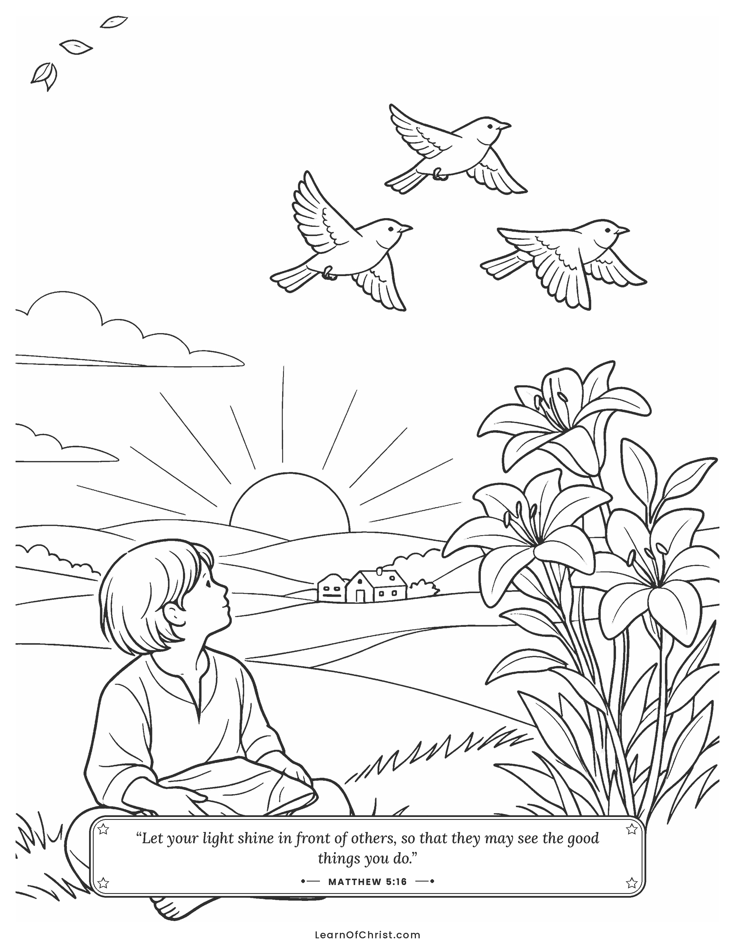 Matthew 5 coloring page - Jesus teaches the crowd on the hillside