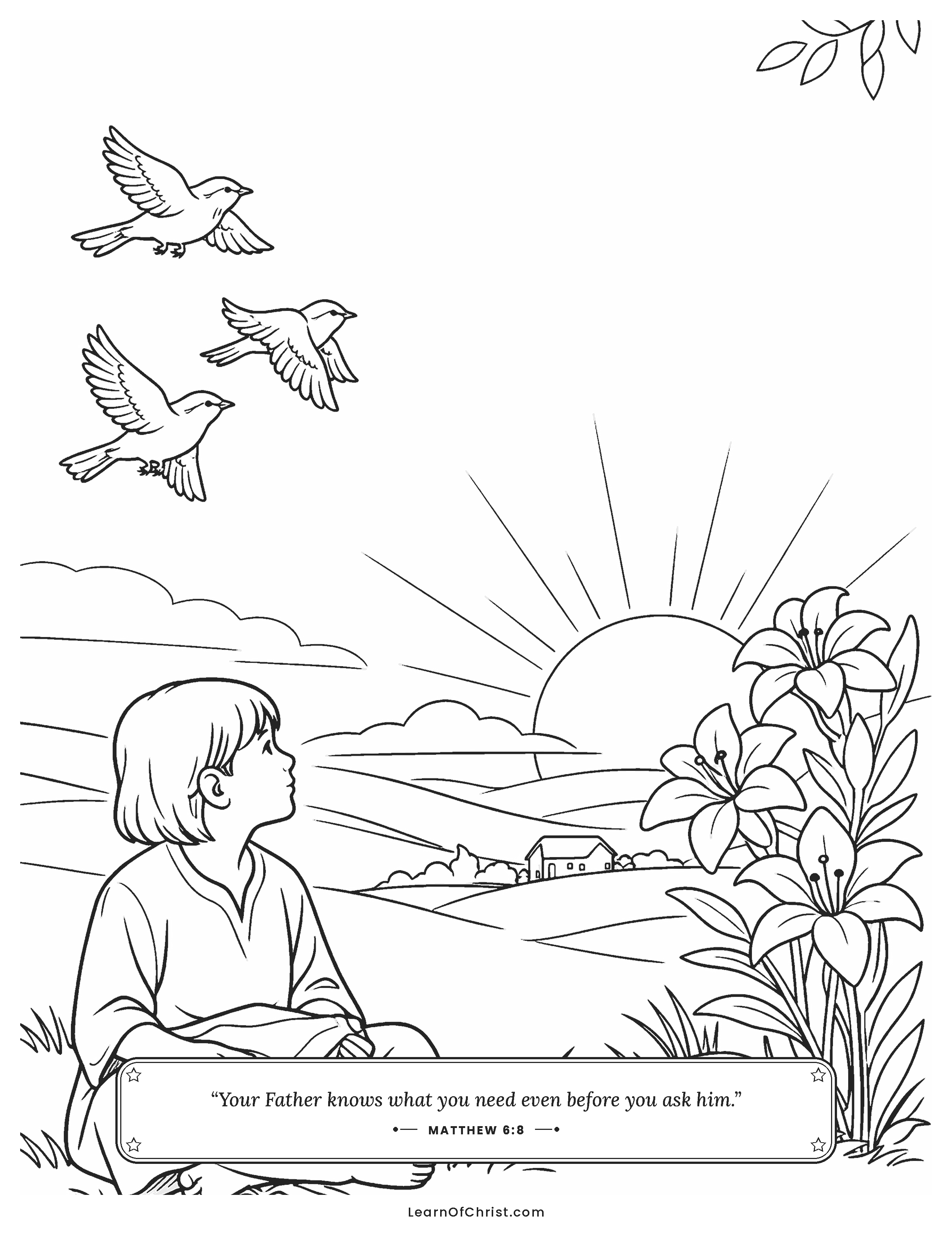 Matthew 6 coloring page - The birds and the lilies never worry