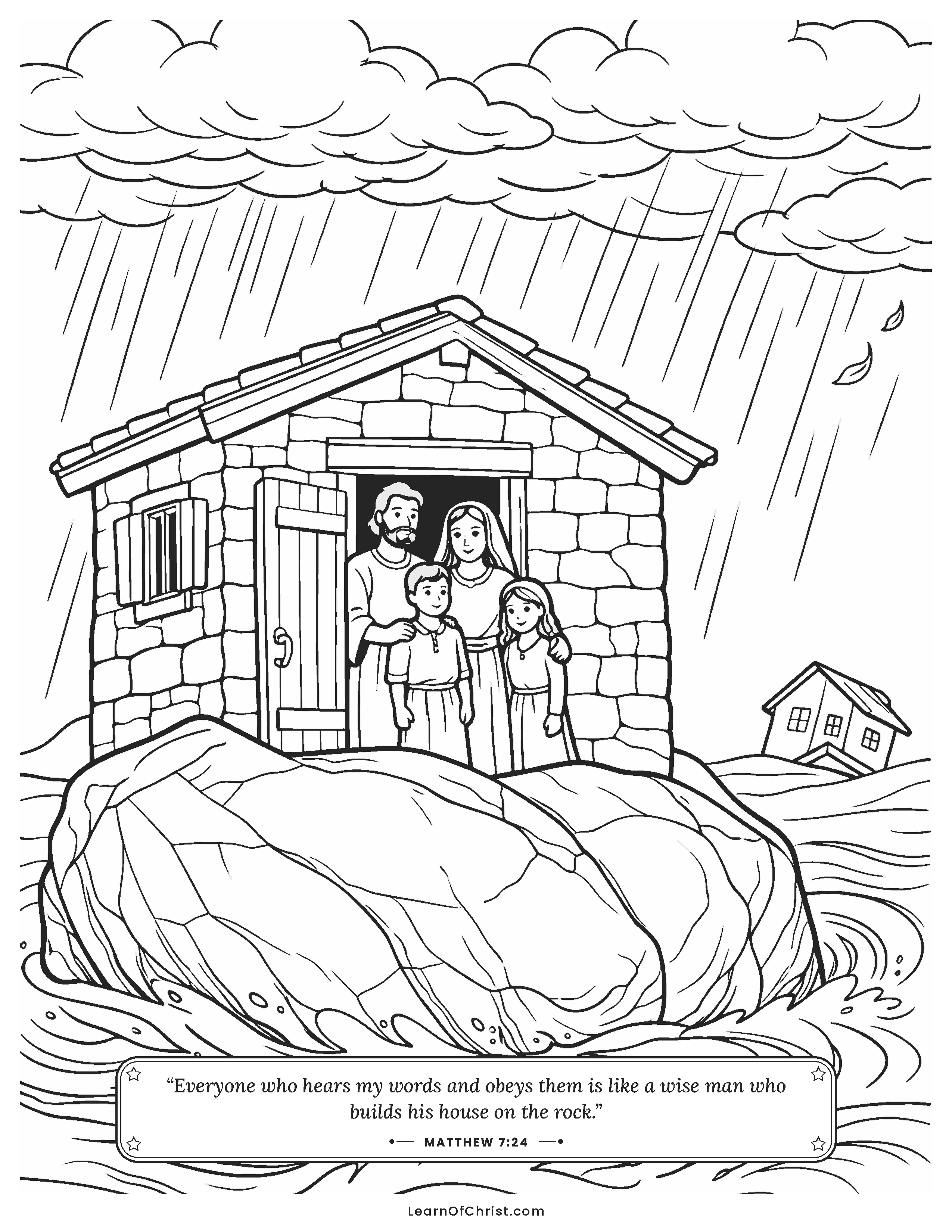 Matthew 7 coloring page - The house built on the solid rock