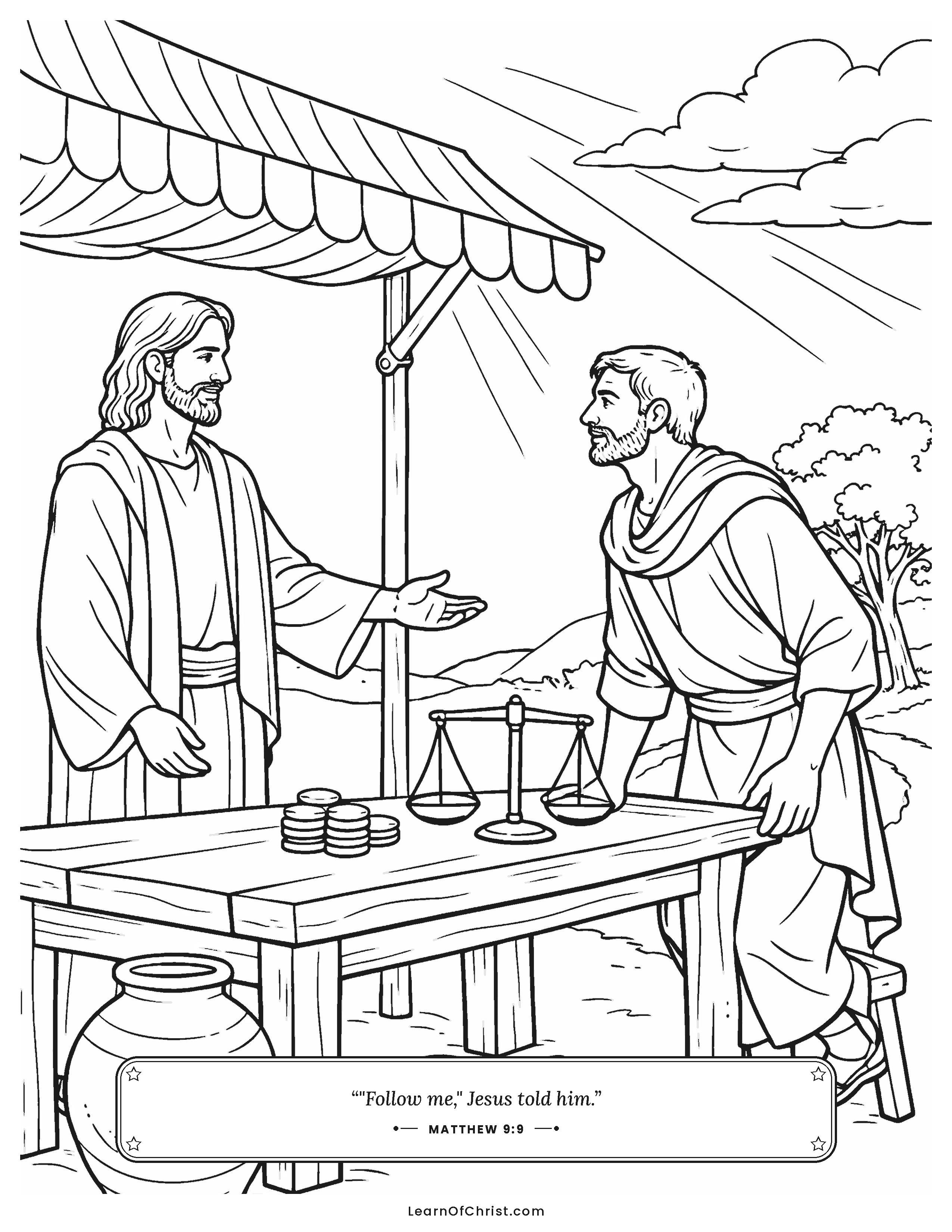 Matthew 9 coloring page - Jesus calls Matthew from the tax table