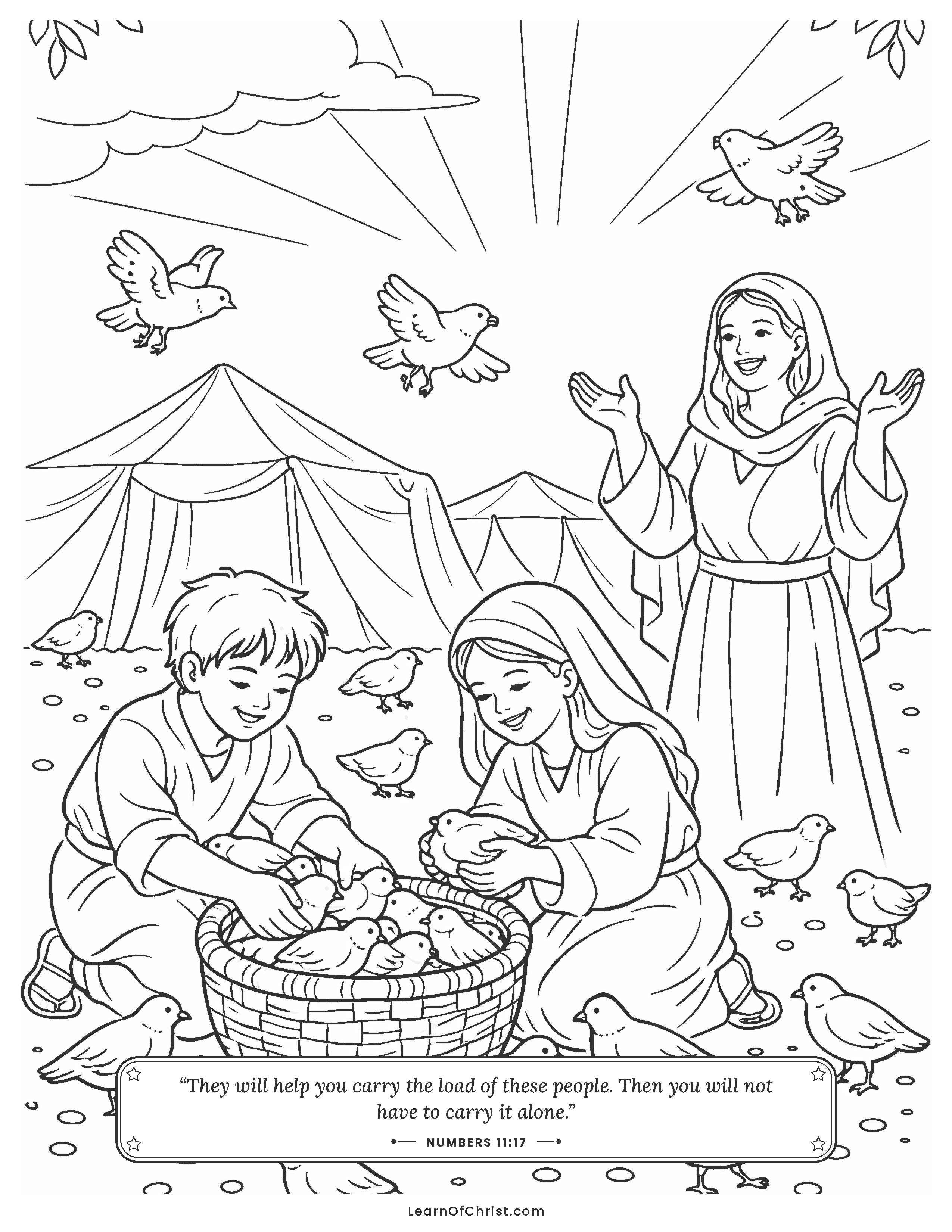 Numbers 11 coloring page - Quail cover the camp at supper time