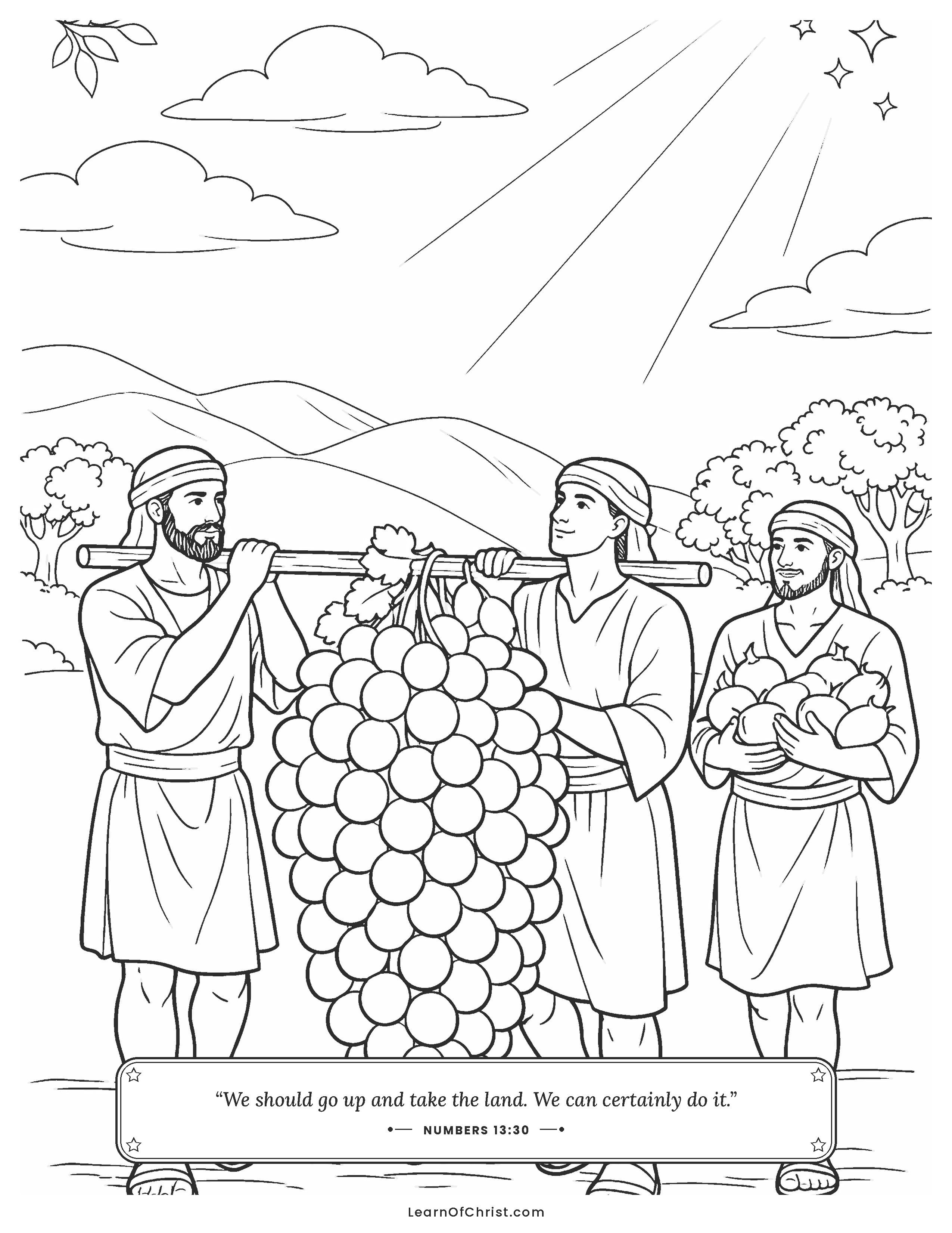 Numbers 13 coloring page - Two spies carry a giant grape cluster