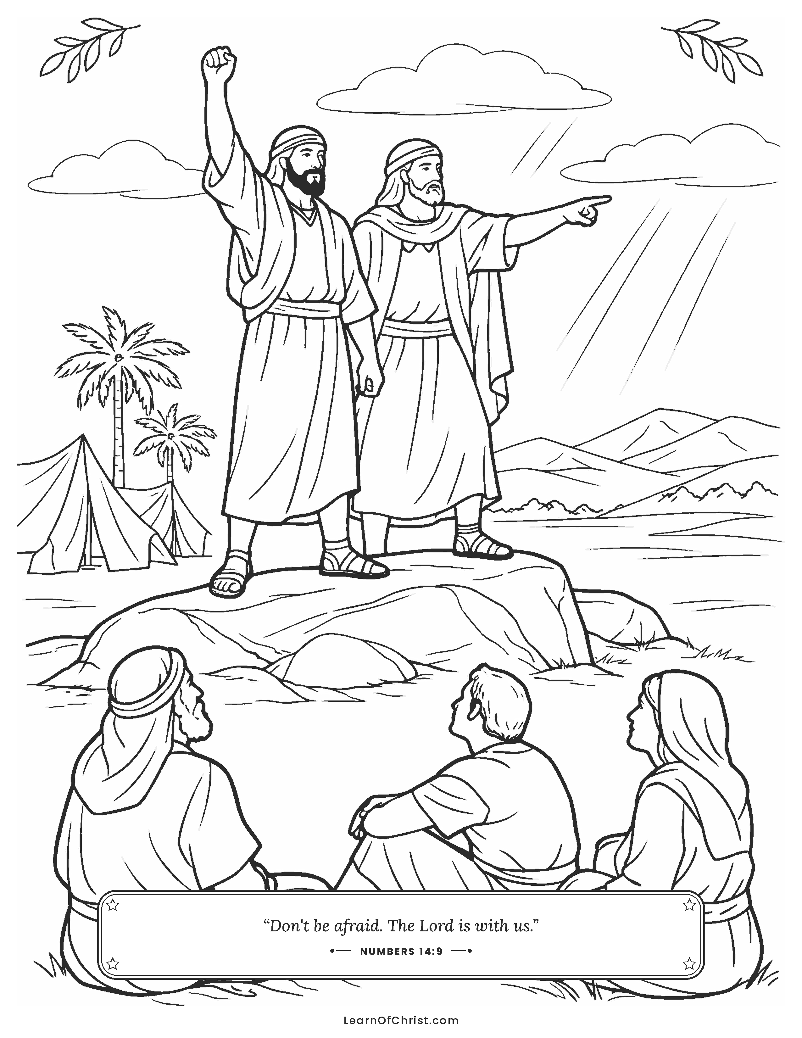 Numbers 14 coloring page - Caleb and Joshua say be brave