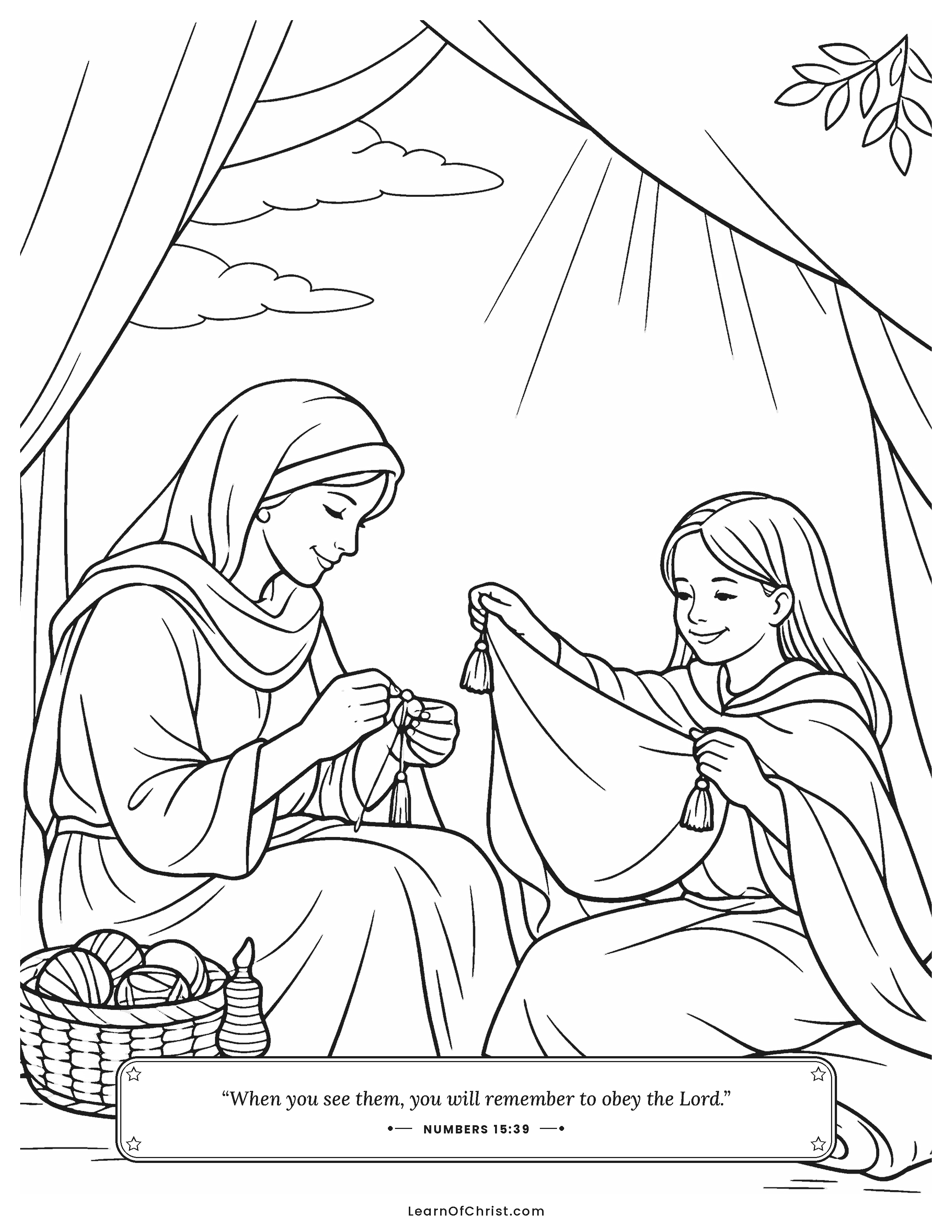 Numbers 15 coloring page - Blue threads to help us remember