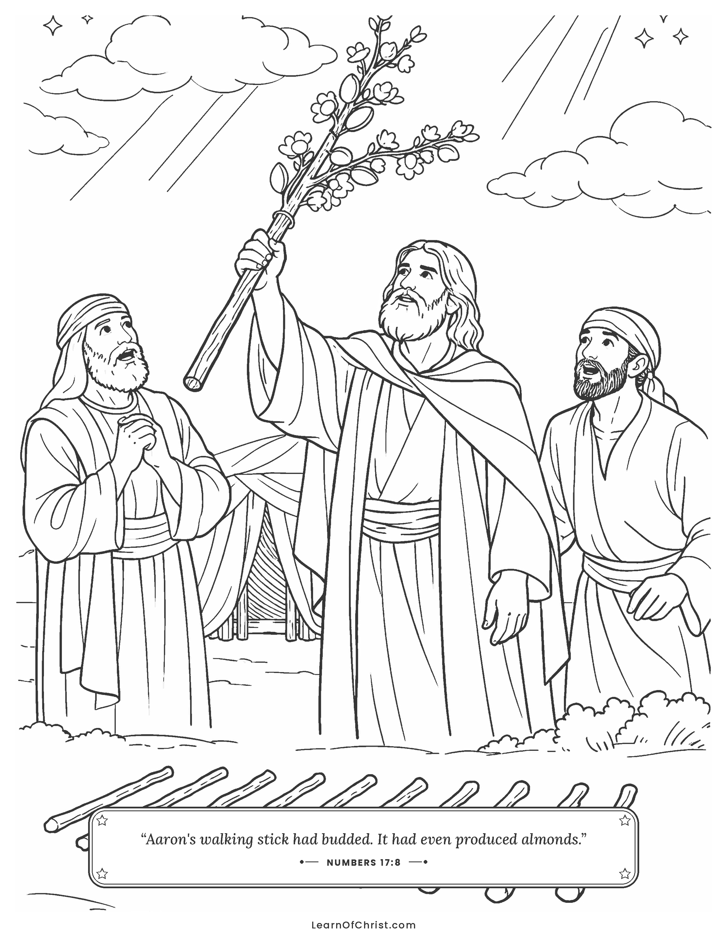 Numbers 17 coloring page - Aaron's dry stick bursts into blossom