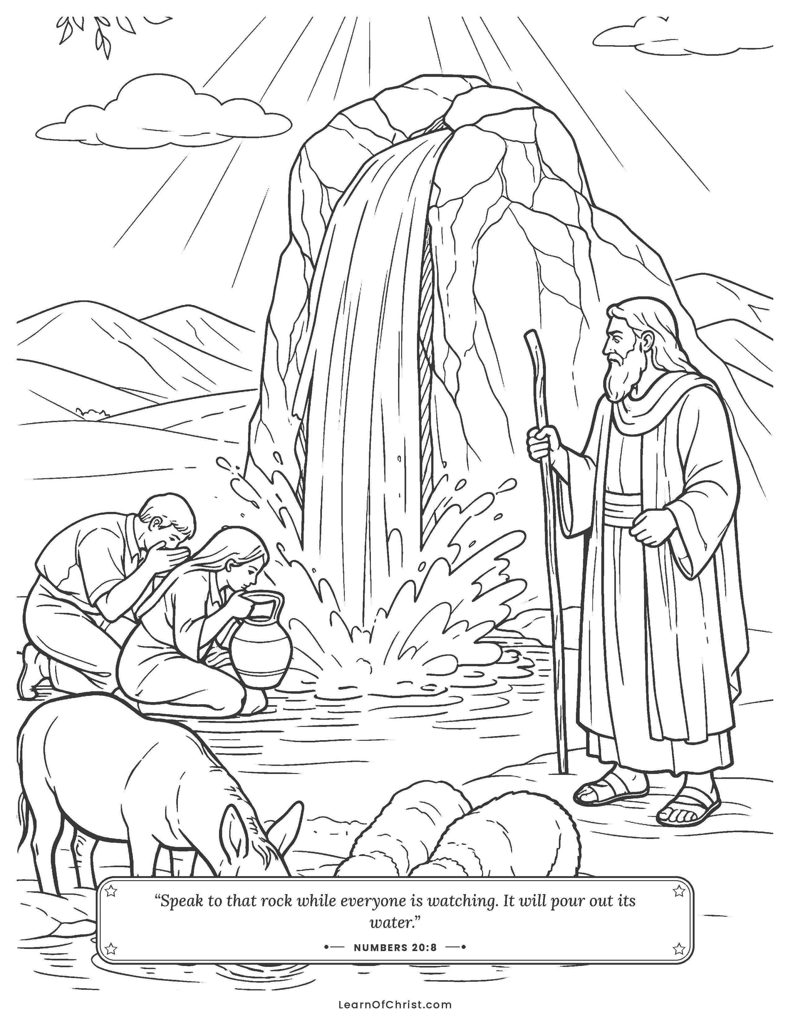 Numbers 20 coloring page - Water gushes from the desert rock