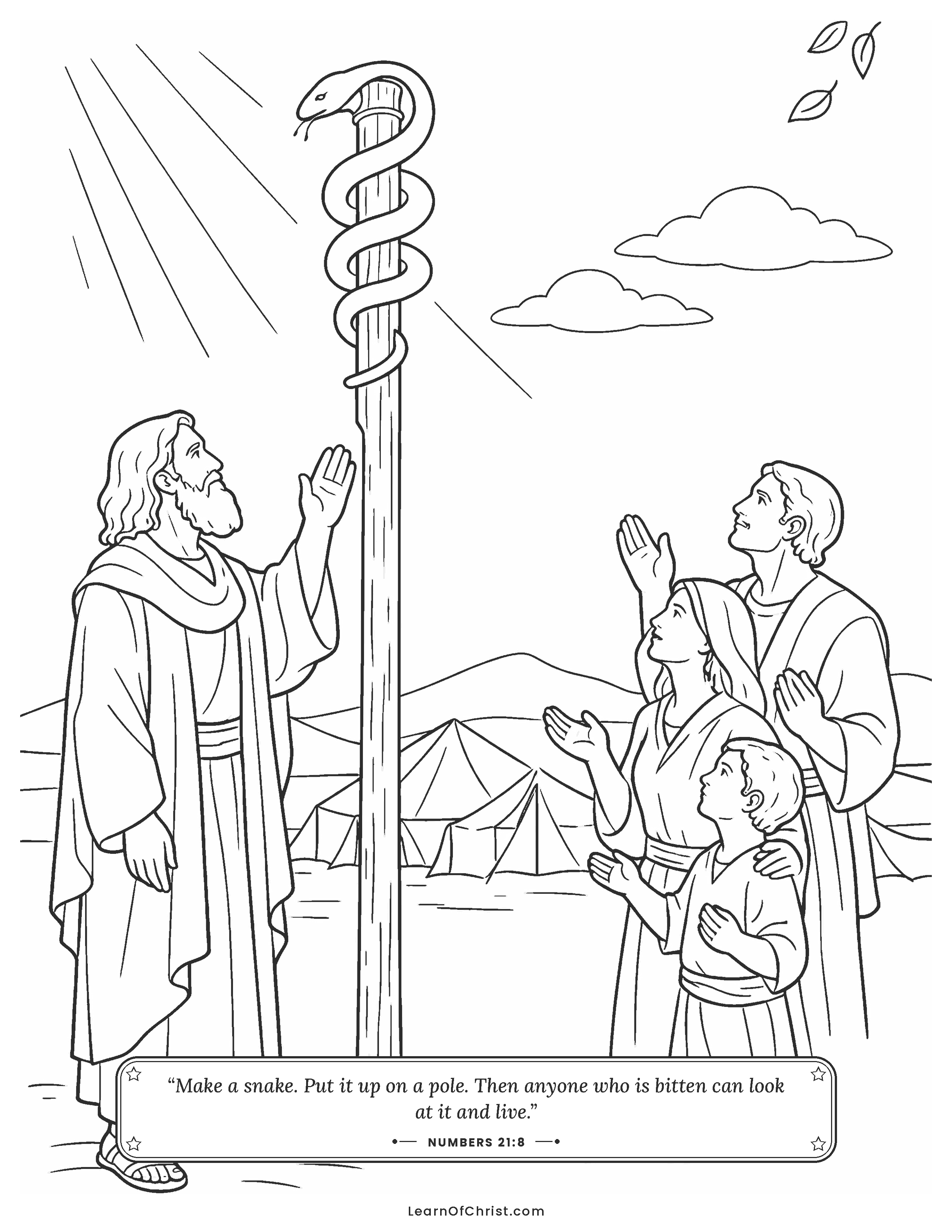 Numbers 21 coloring page - Looking up at the bronze snake
