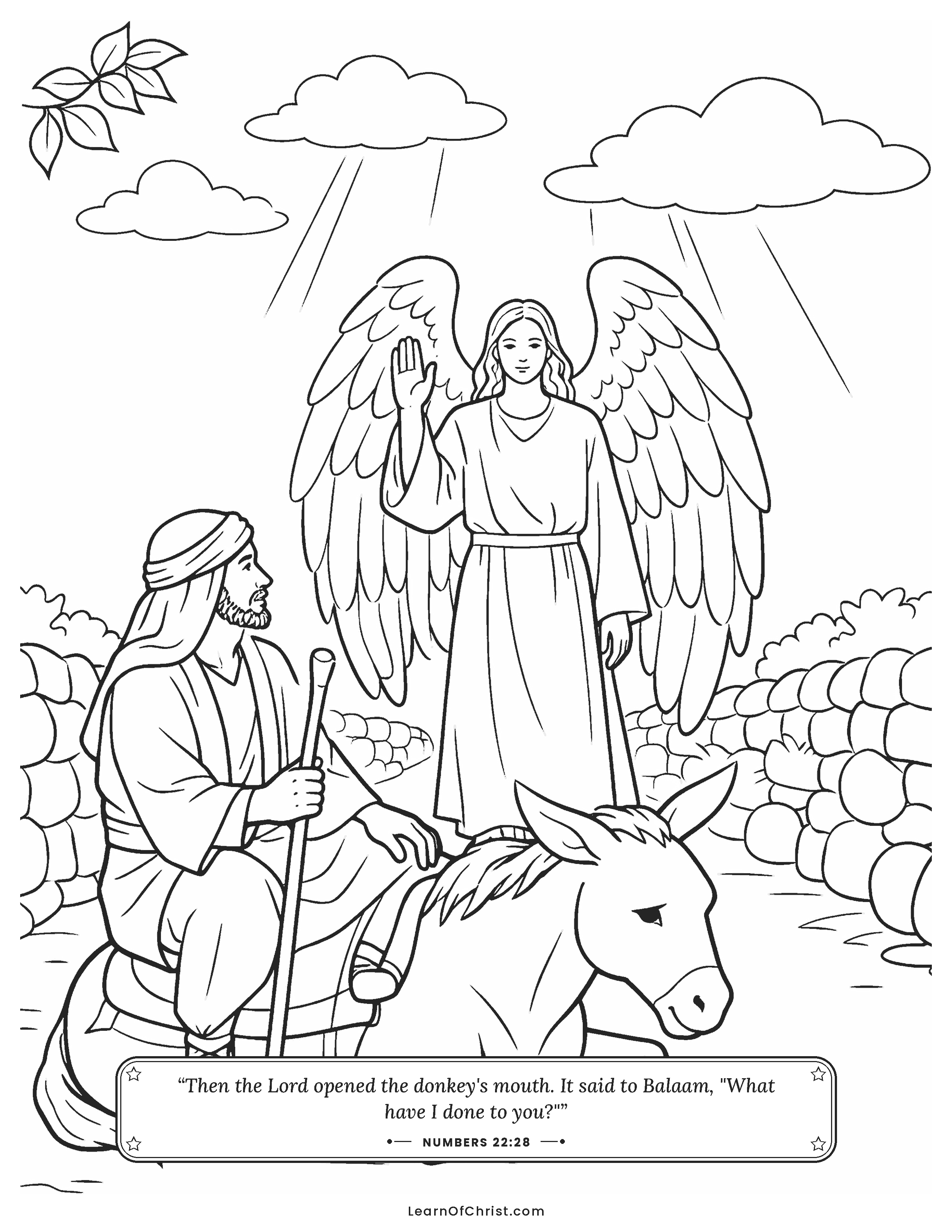 Numbers 22 coloring page - Balaam's donkey stops in the road